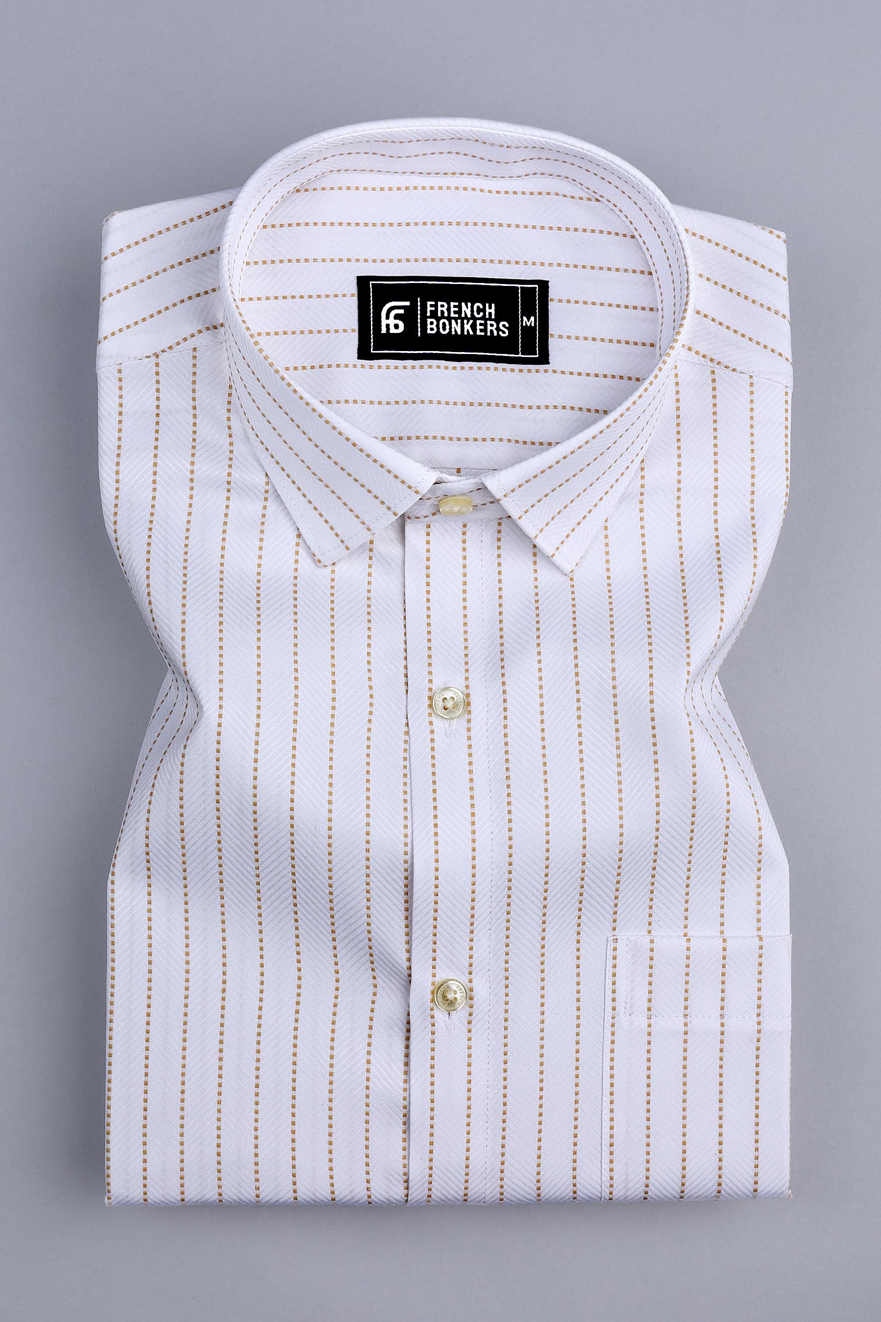 White with light brown dot line stripe shirt