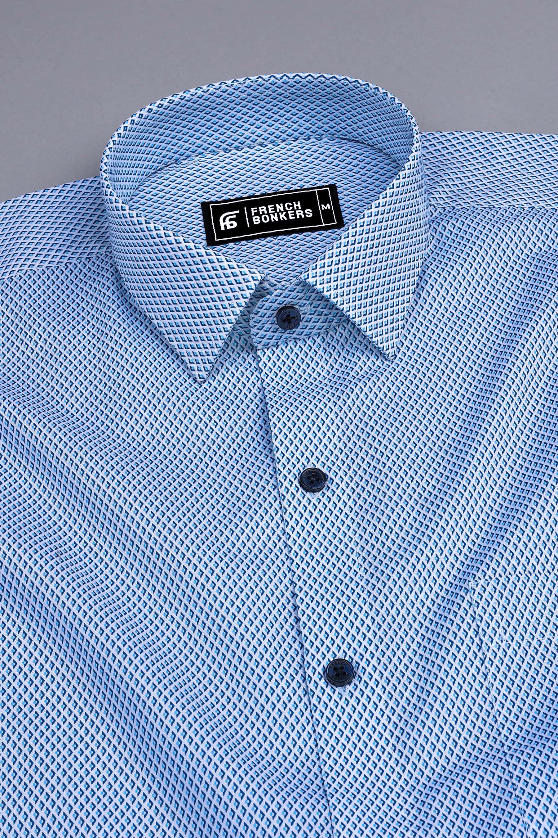 White with blue alien plane printed cotton shirt