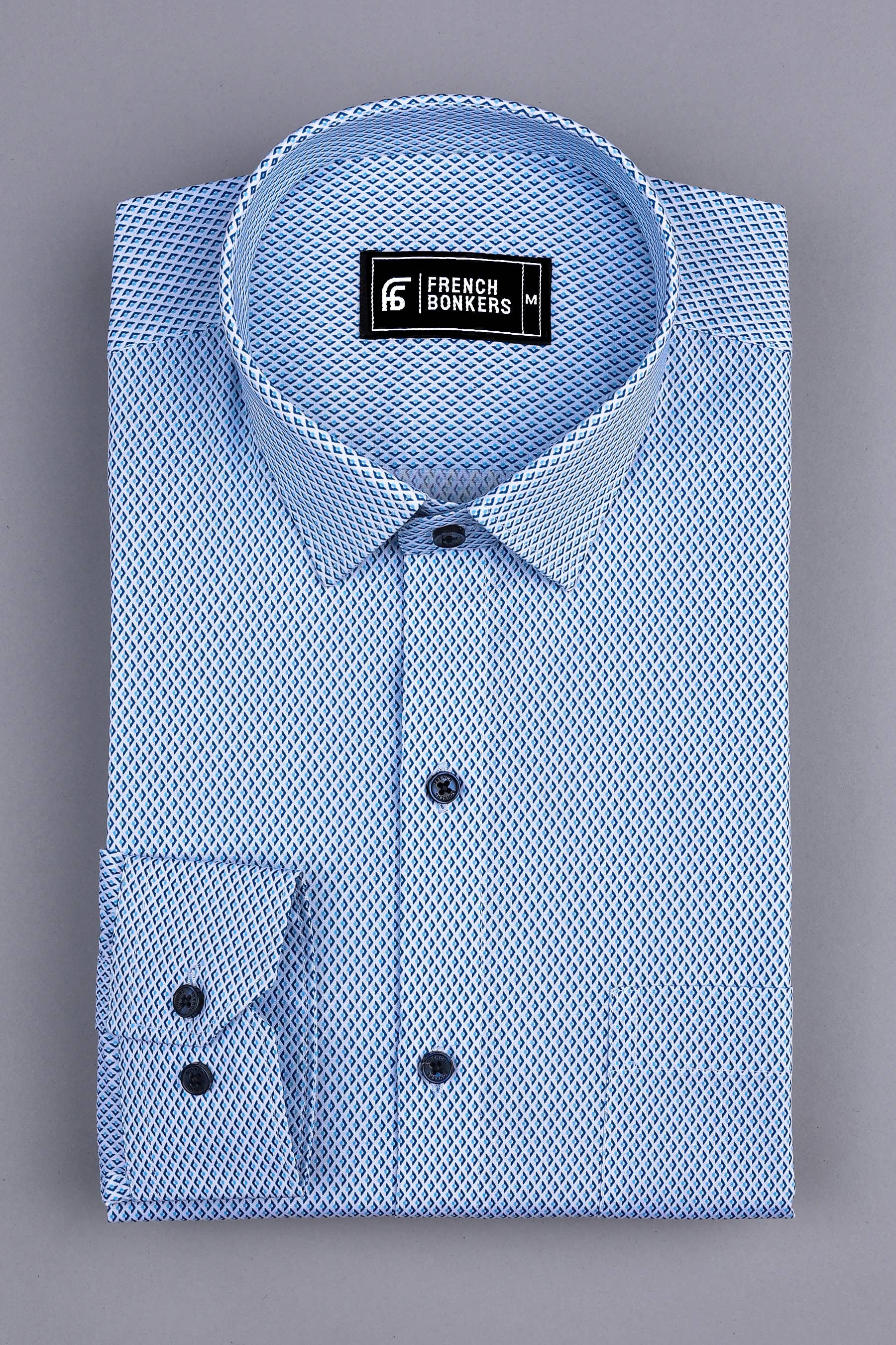 White with blue alien plane printed cotton shirt