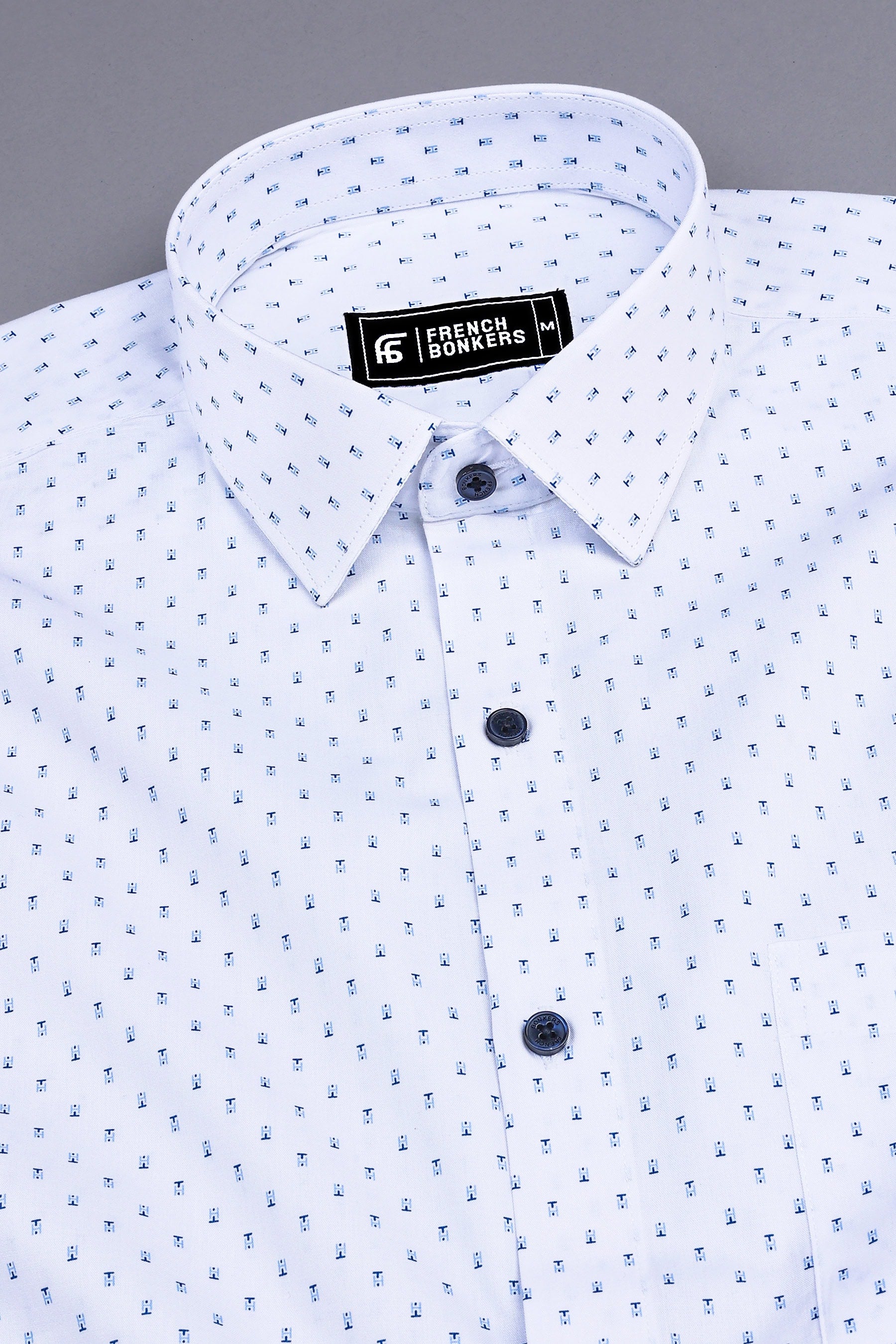 White with blue printed cotton shirt