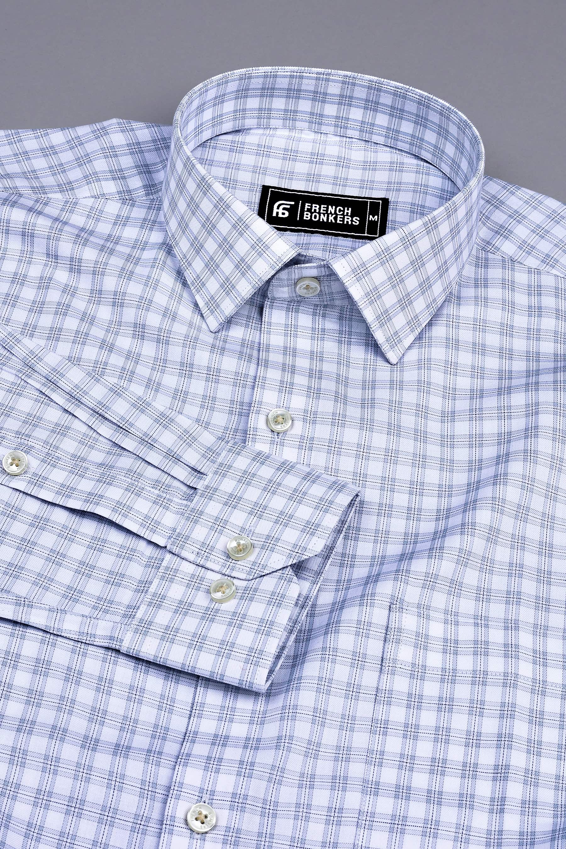 White with grey and blue Lines classic twill check shirt