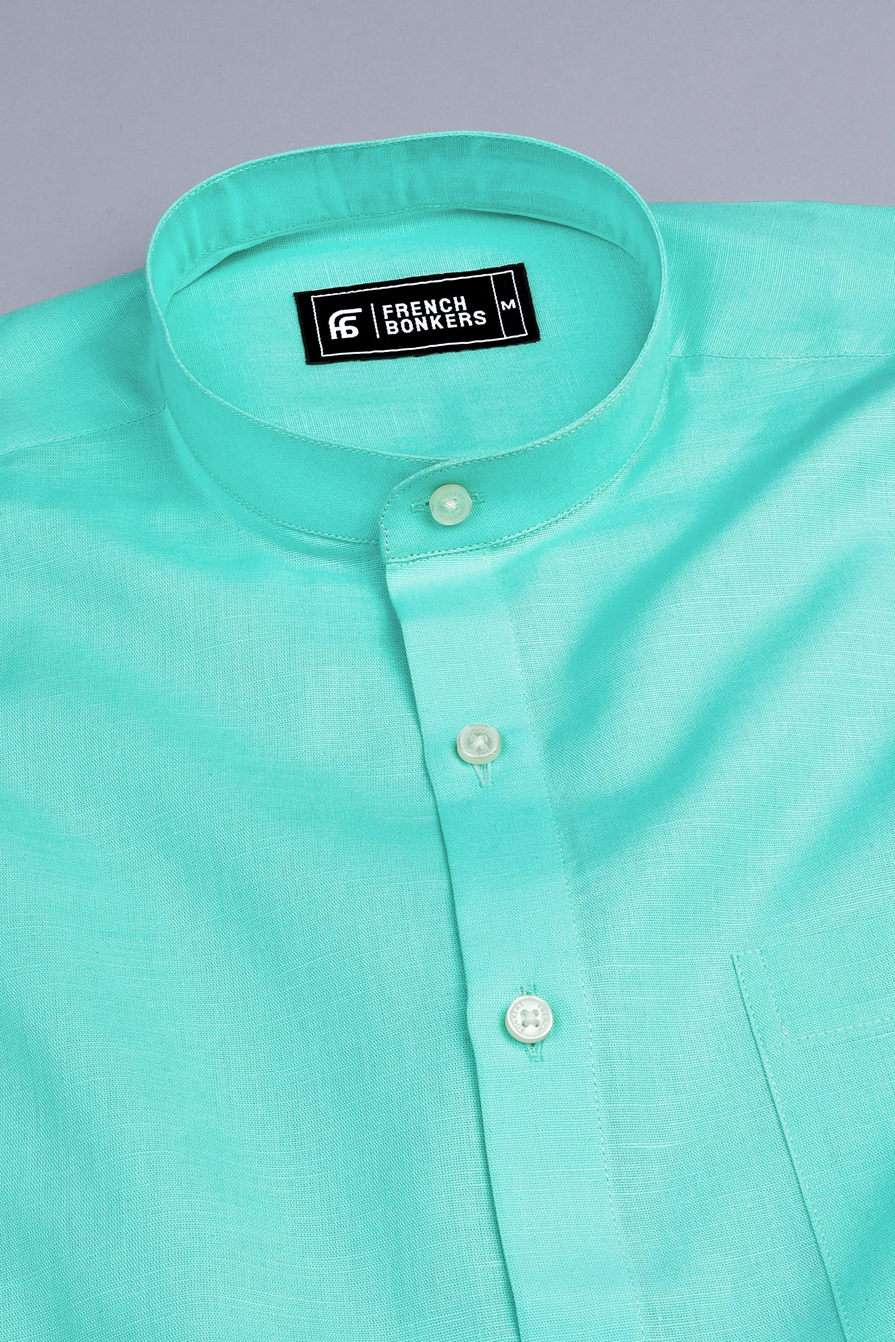 Shiny light bottle green cotton linen shirt