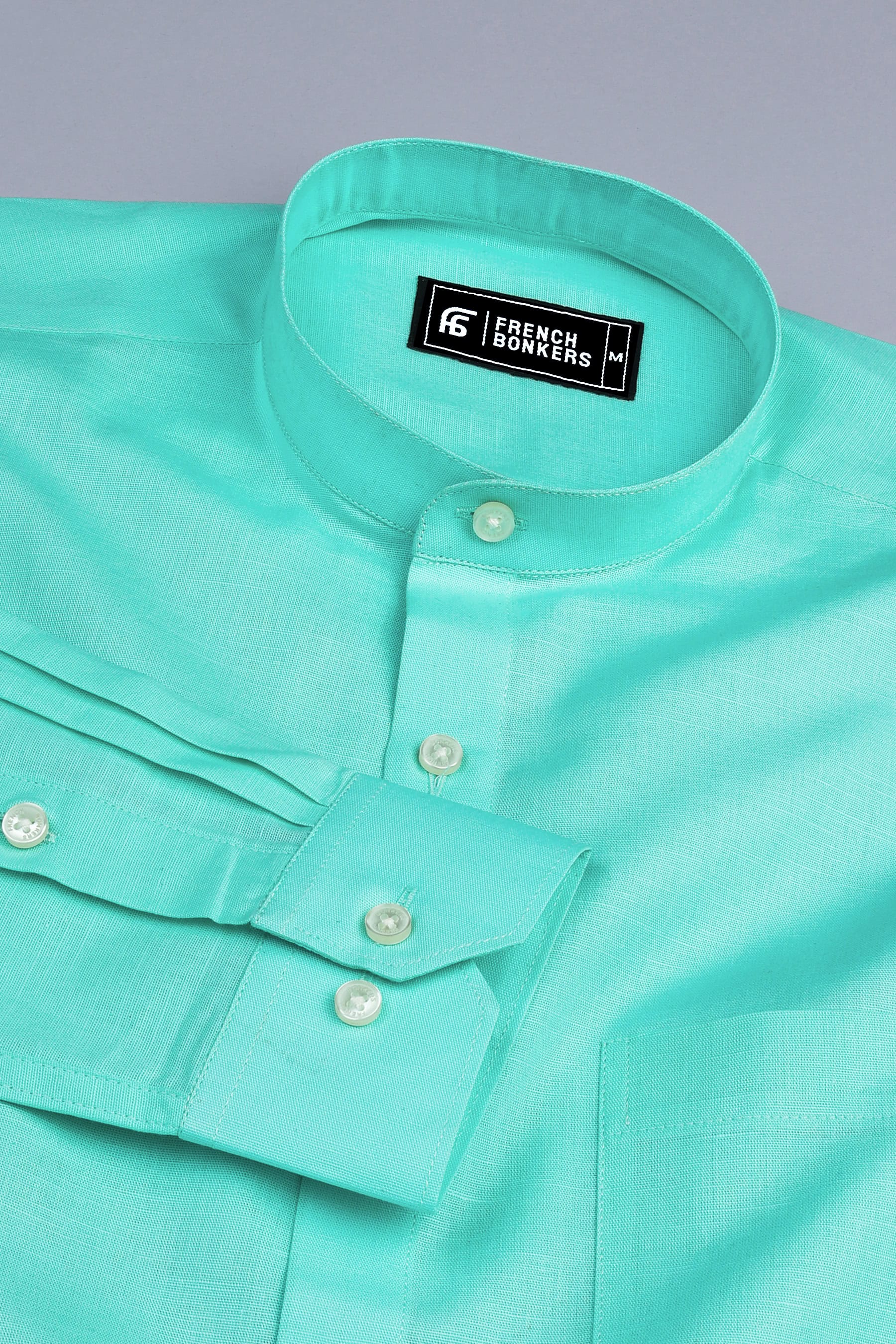 Shiny light bottle green cotton linen shirt