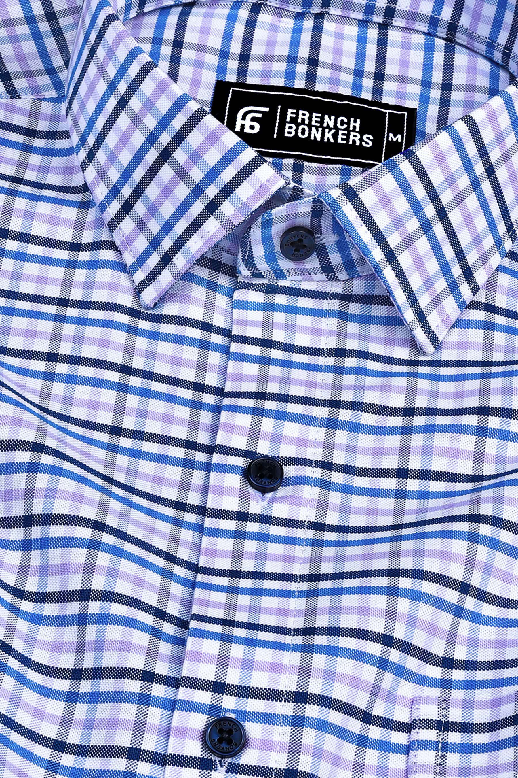 White with blue and purple line check cotton shirt