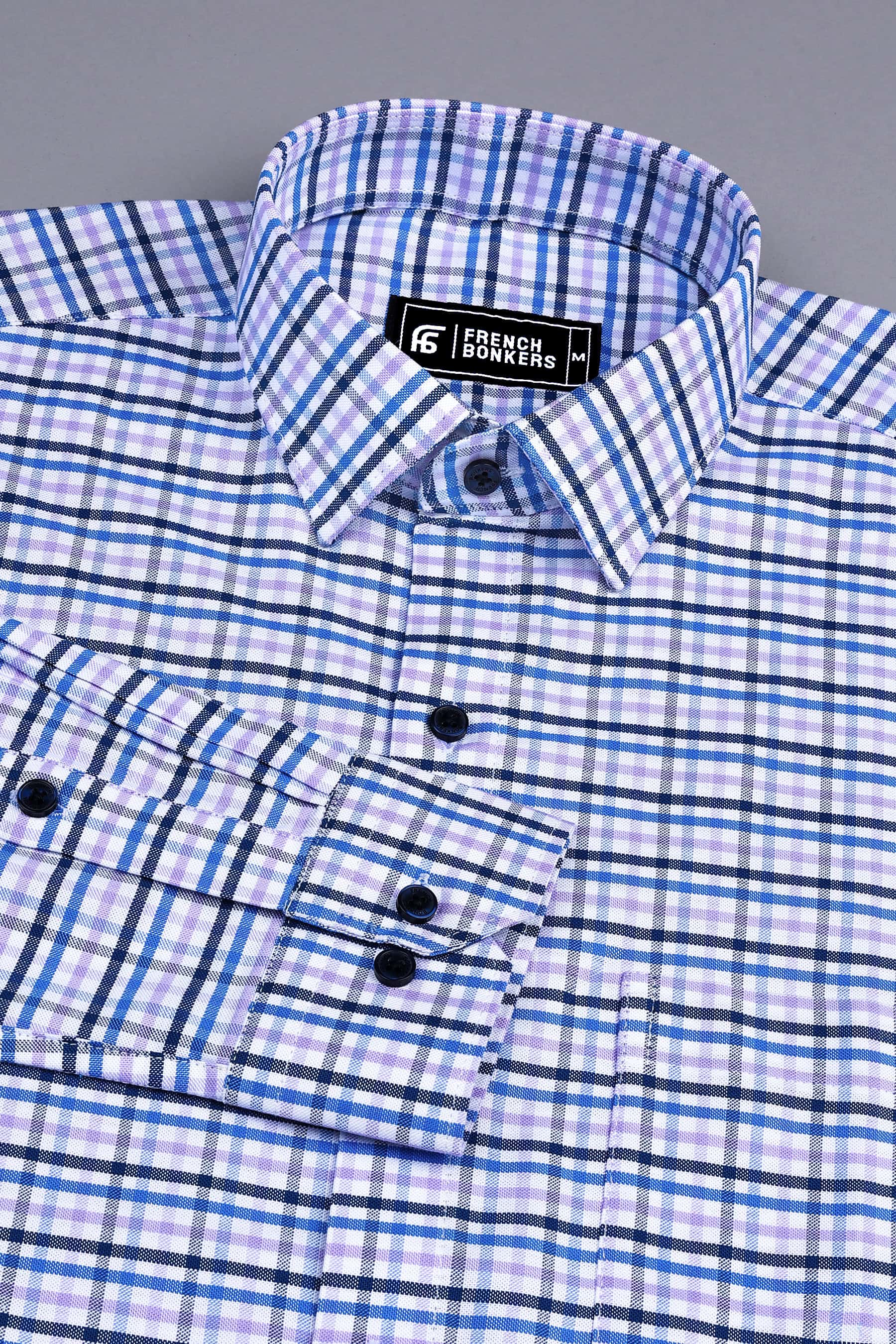 White with blue and purple line check cotton shirt