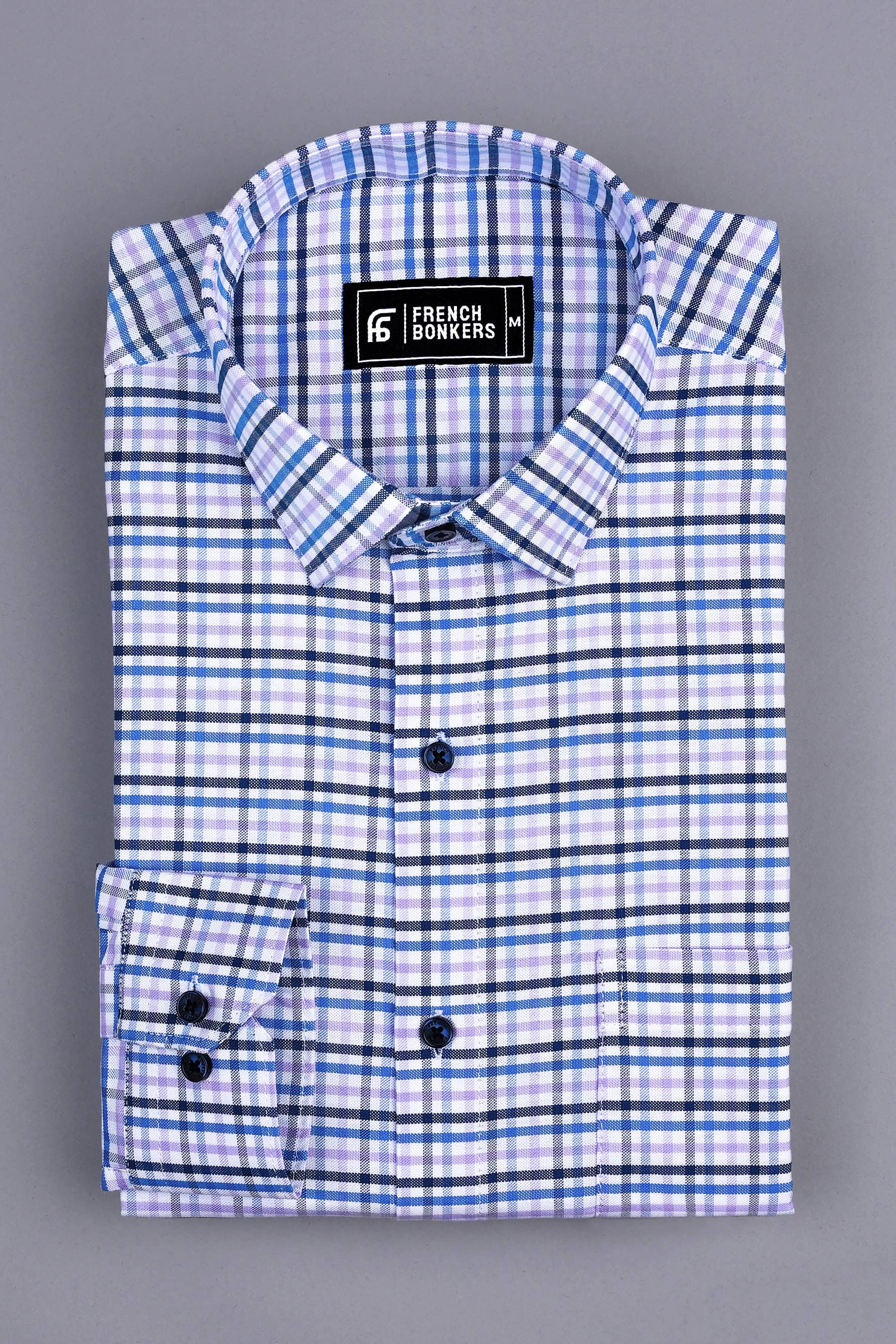 White with blue and purple line check cotton shirt