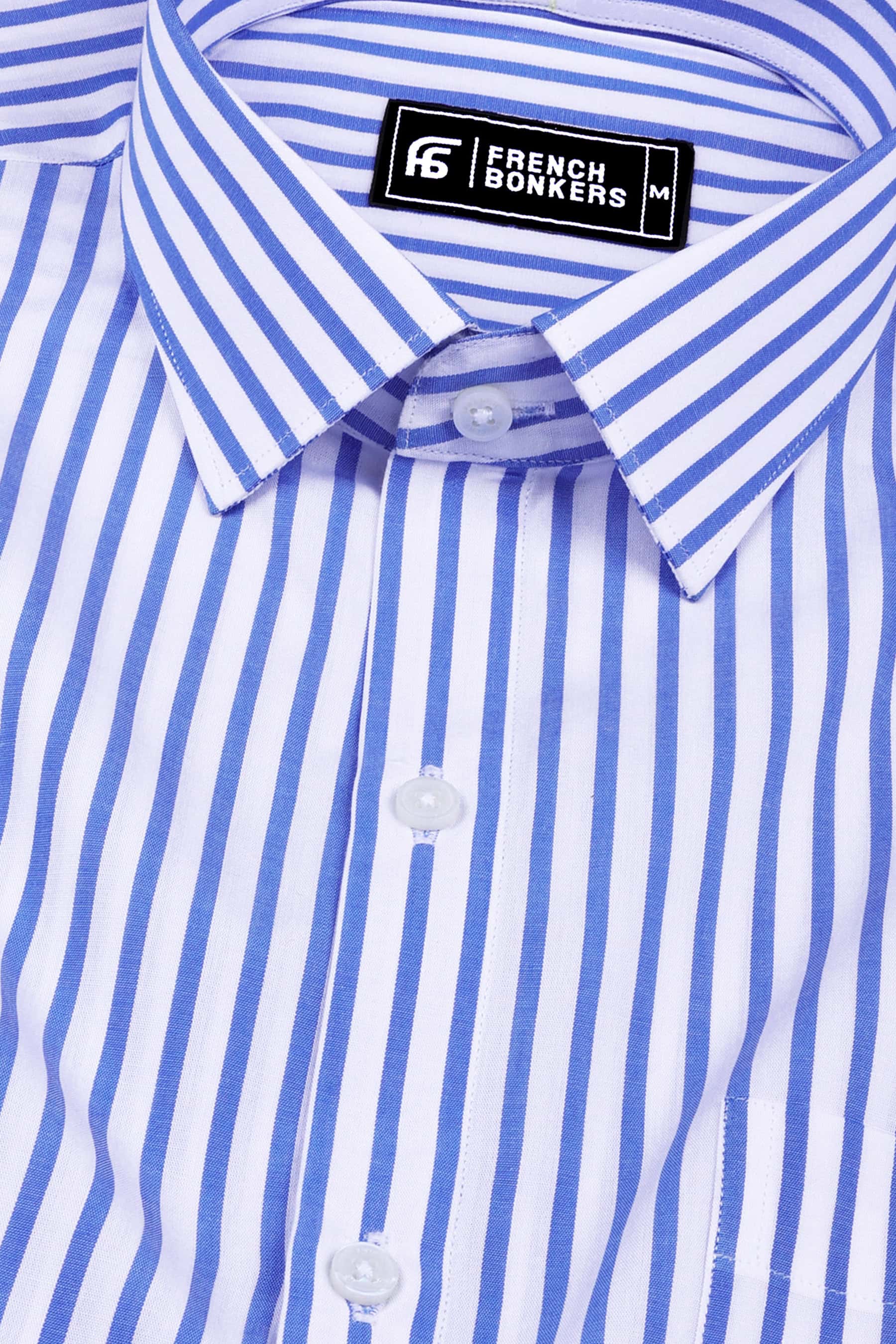 White with blue awning stripe cotton shirt