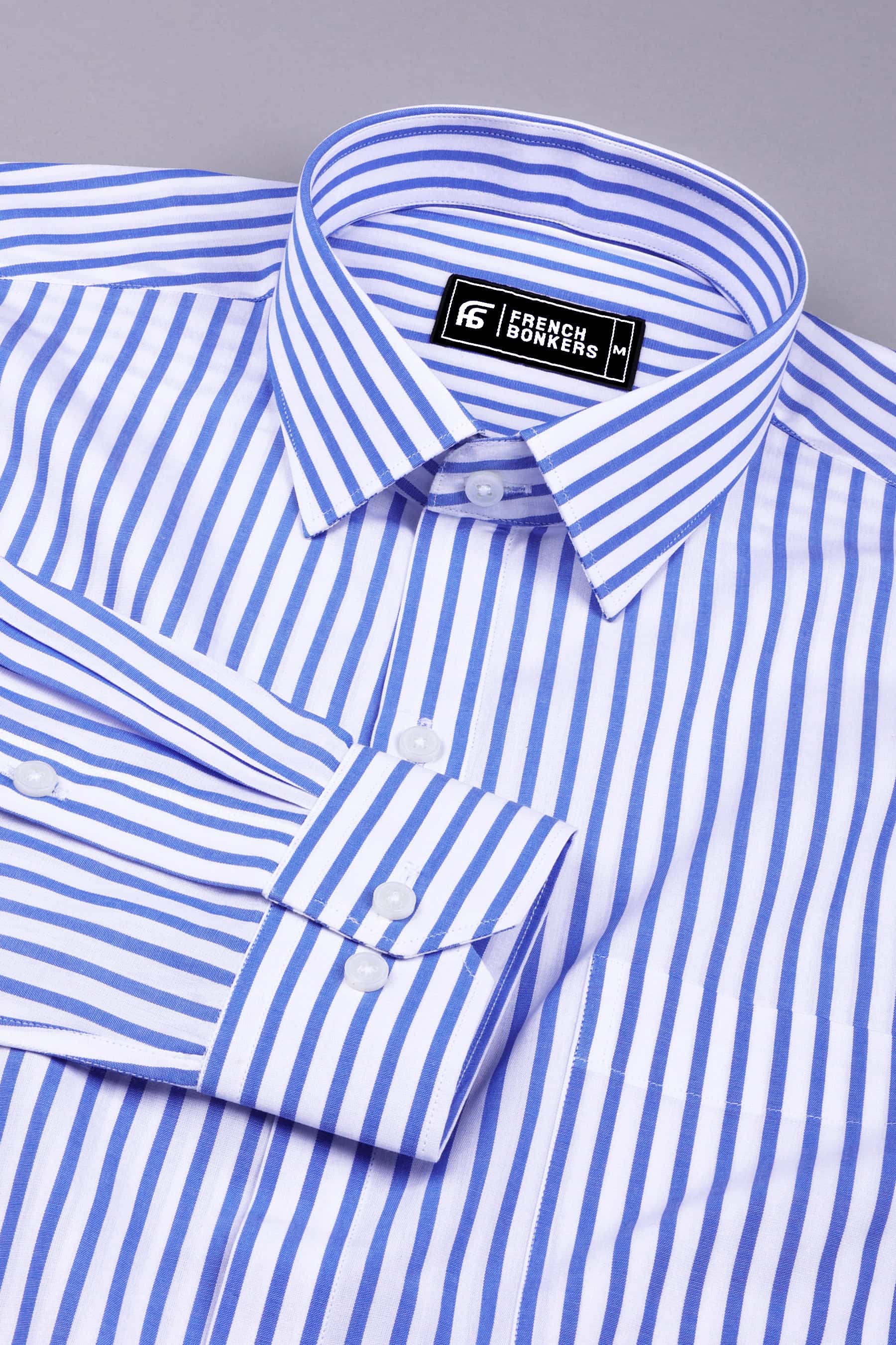 White with blue awning stripe cotton shirt
