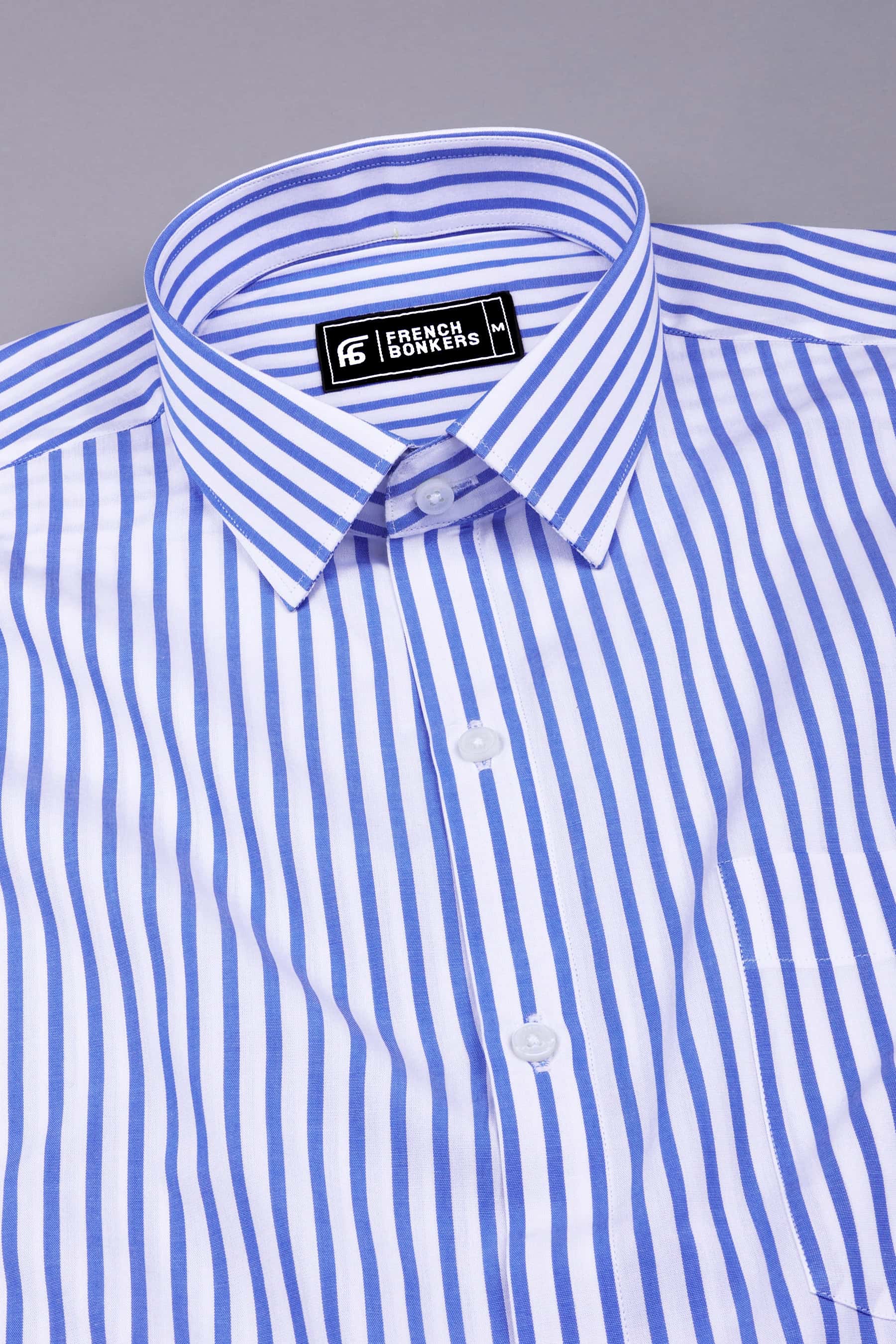 White with blue awning stripe cotton shirt