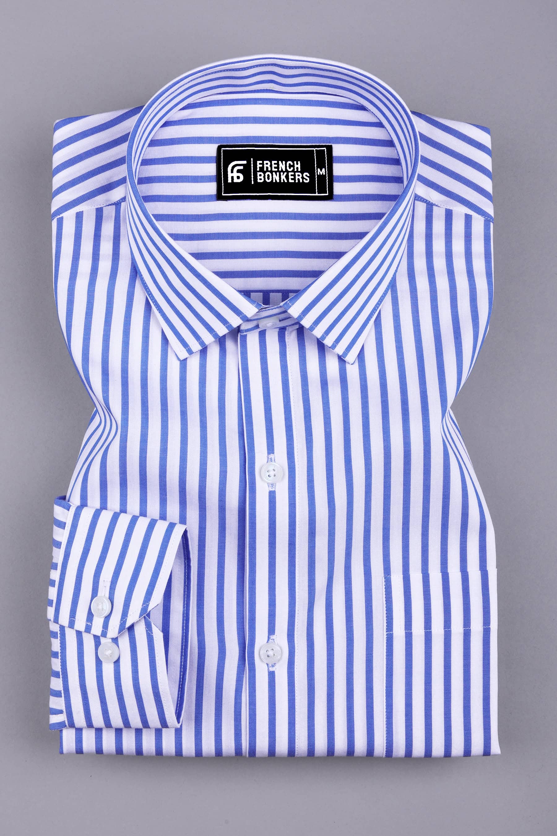 White with blue awning stripe cotton shirt