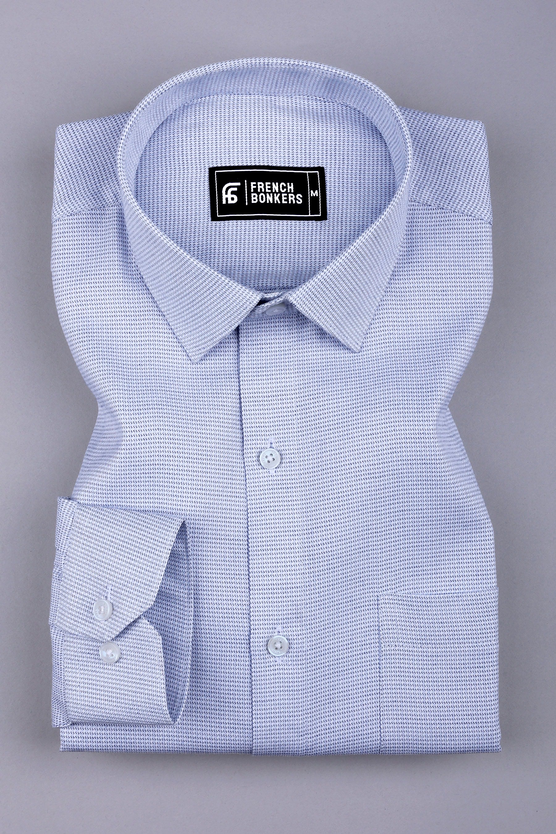 White with blue and black dobby texture cotton shirt