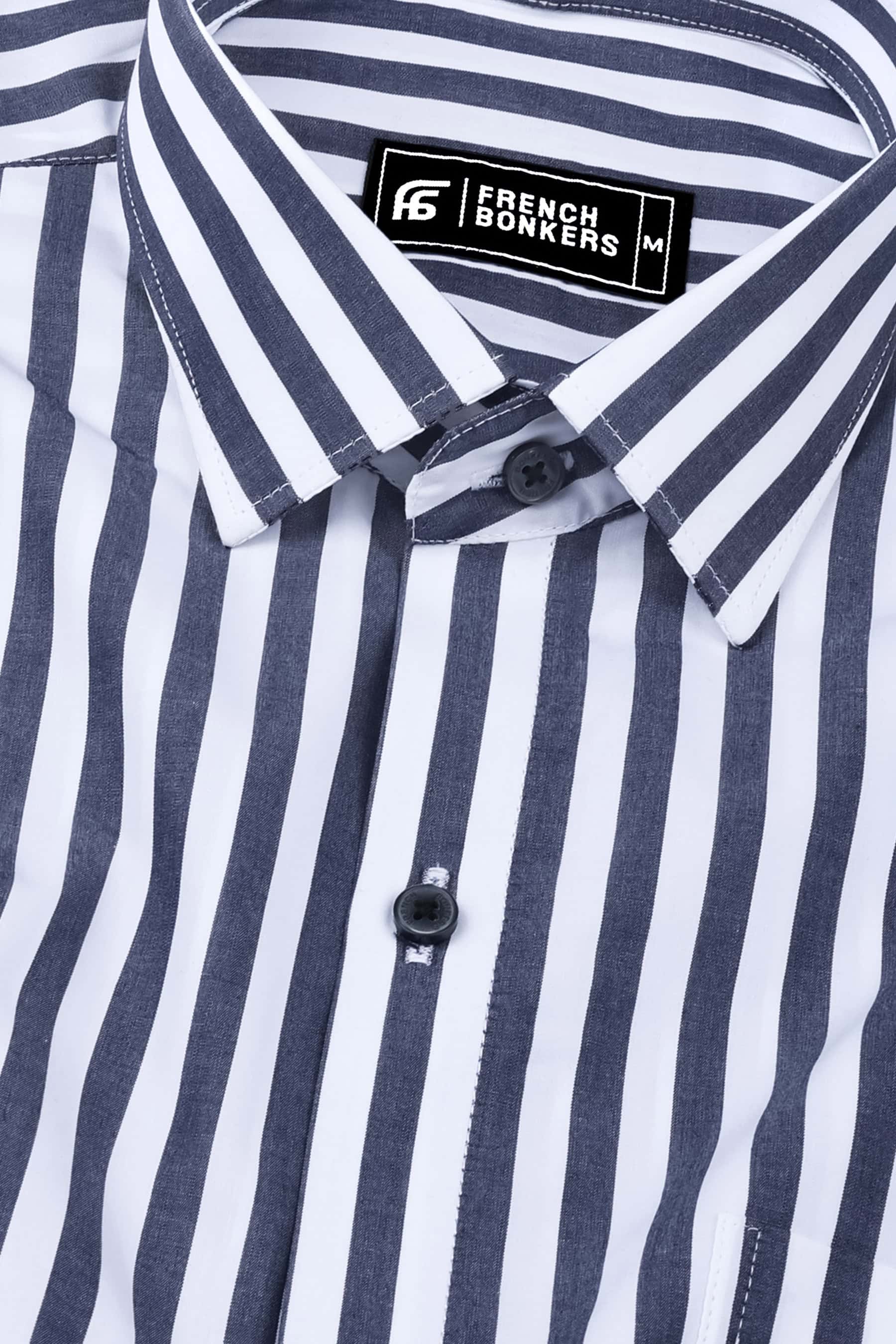 White with grey awning stripe cotton shirt