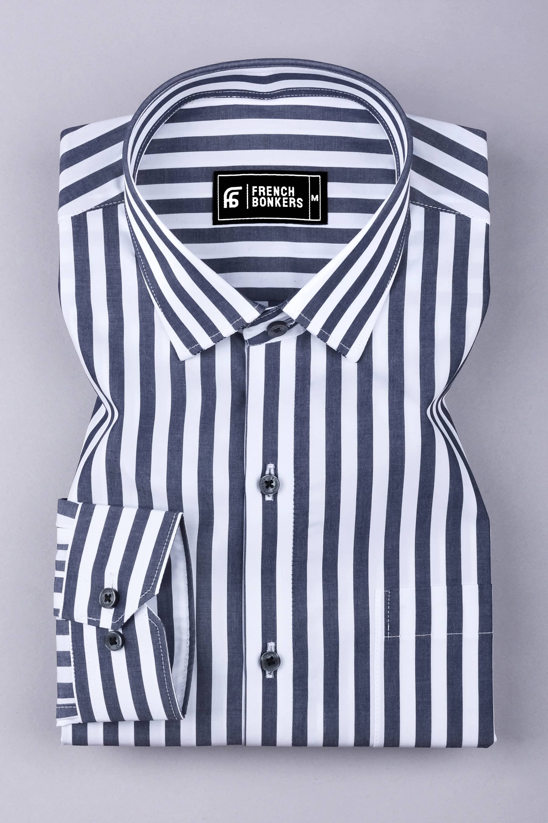 White with grey awning stripe cotton shirt