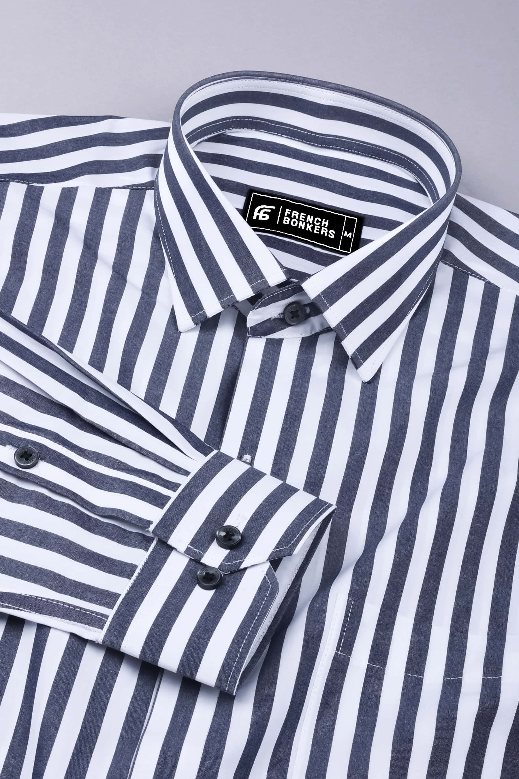 White with grey awning stripe cotton shirt