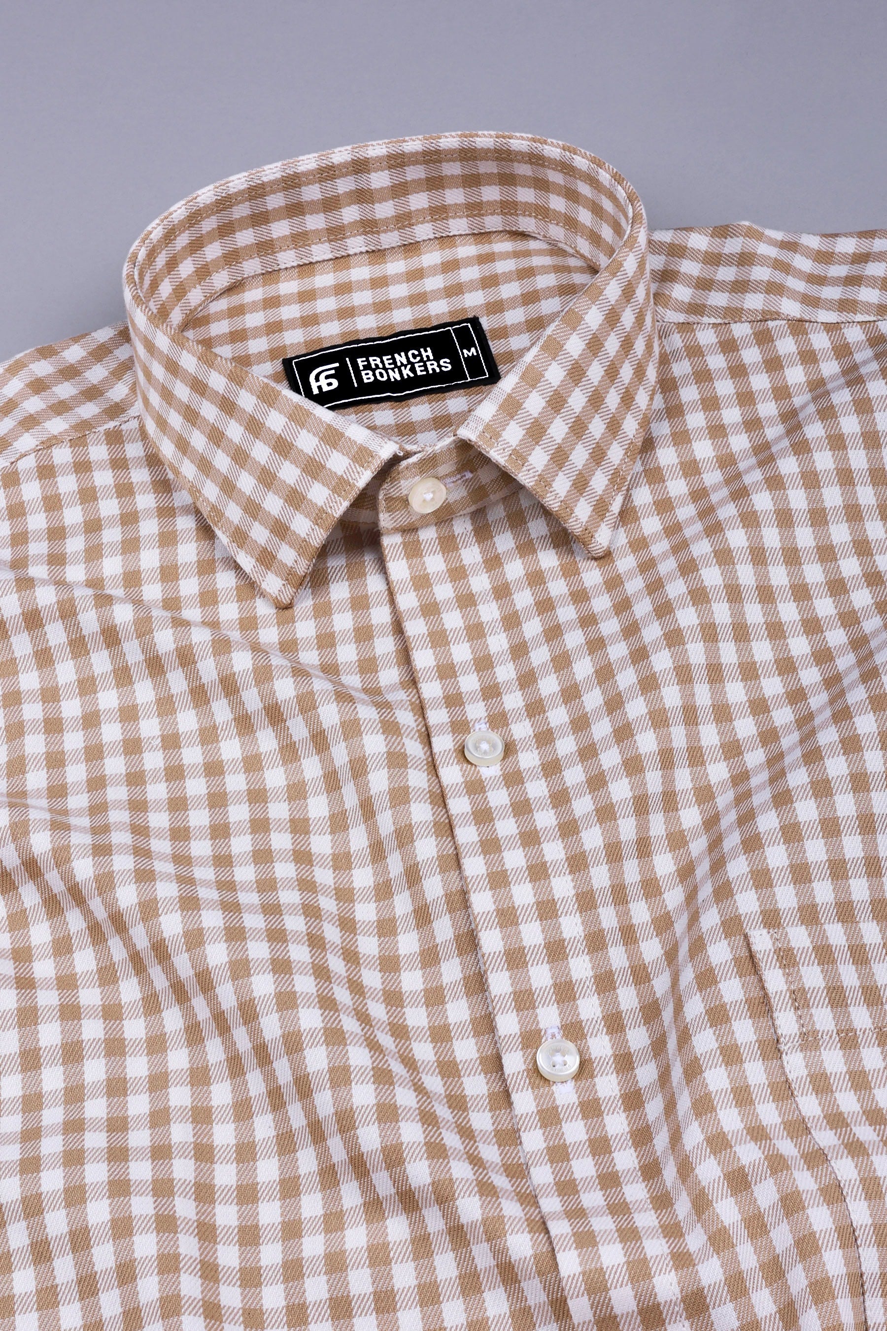 White with brown twill regular plaid check cotton shirt