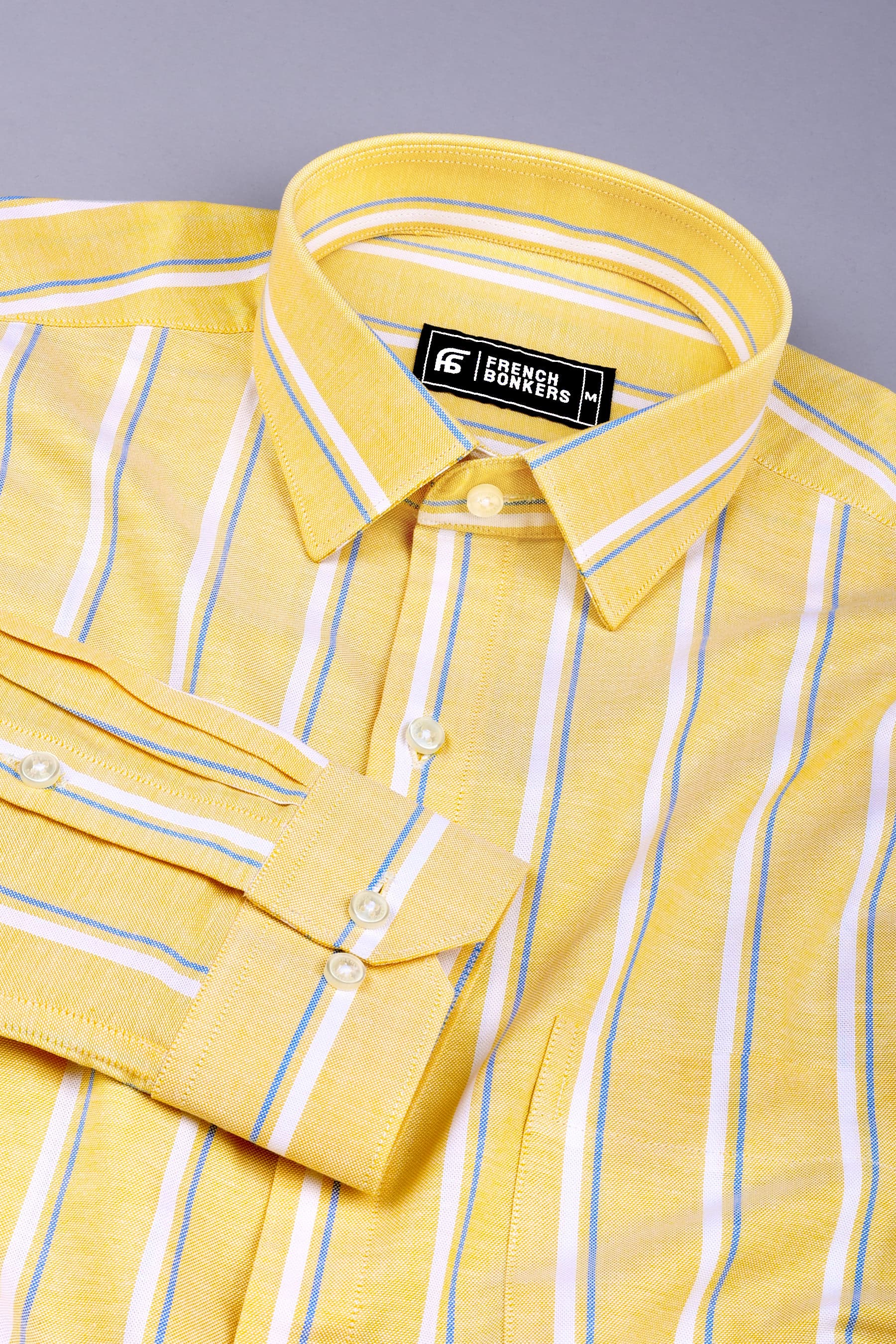 Yellow with white and blue oxford stripe cotton shirt