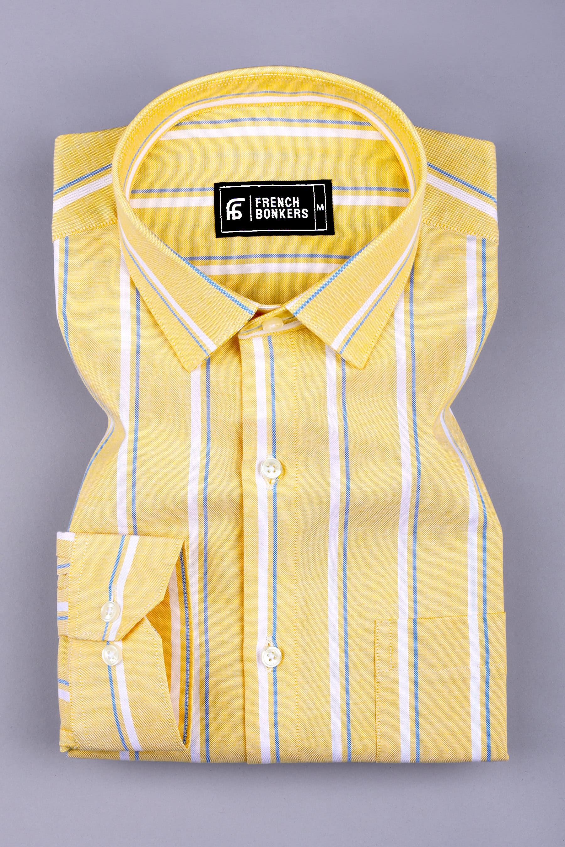 Yellow with white and blue oxford stripe cotton shirt