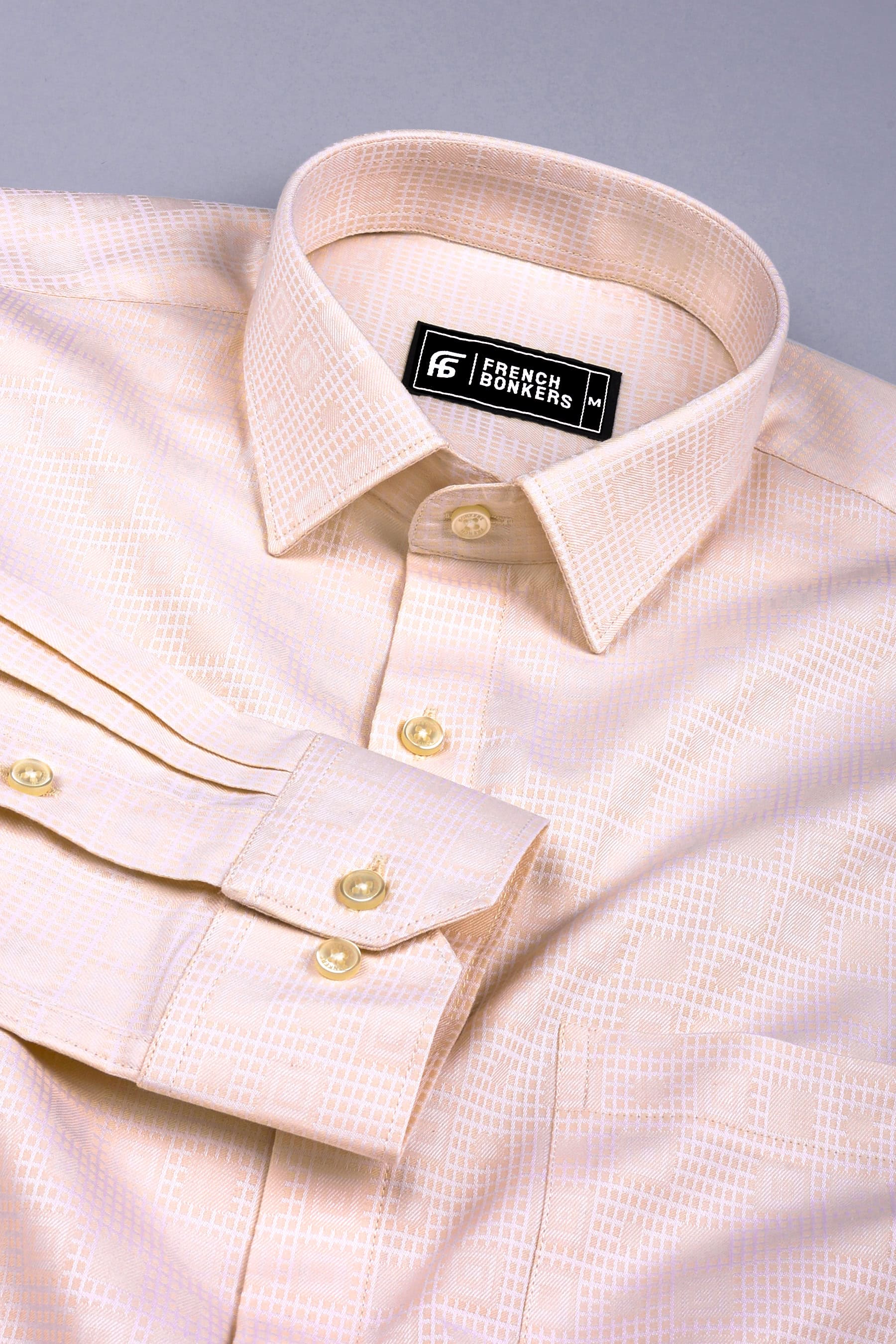 Cream check pattern jacquard printed cotton shirt