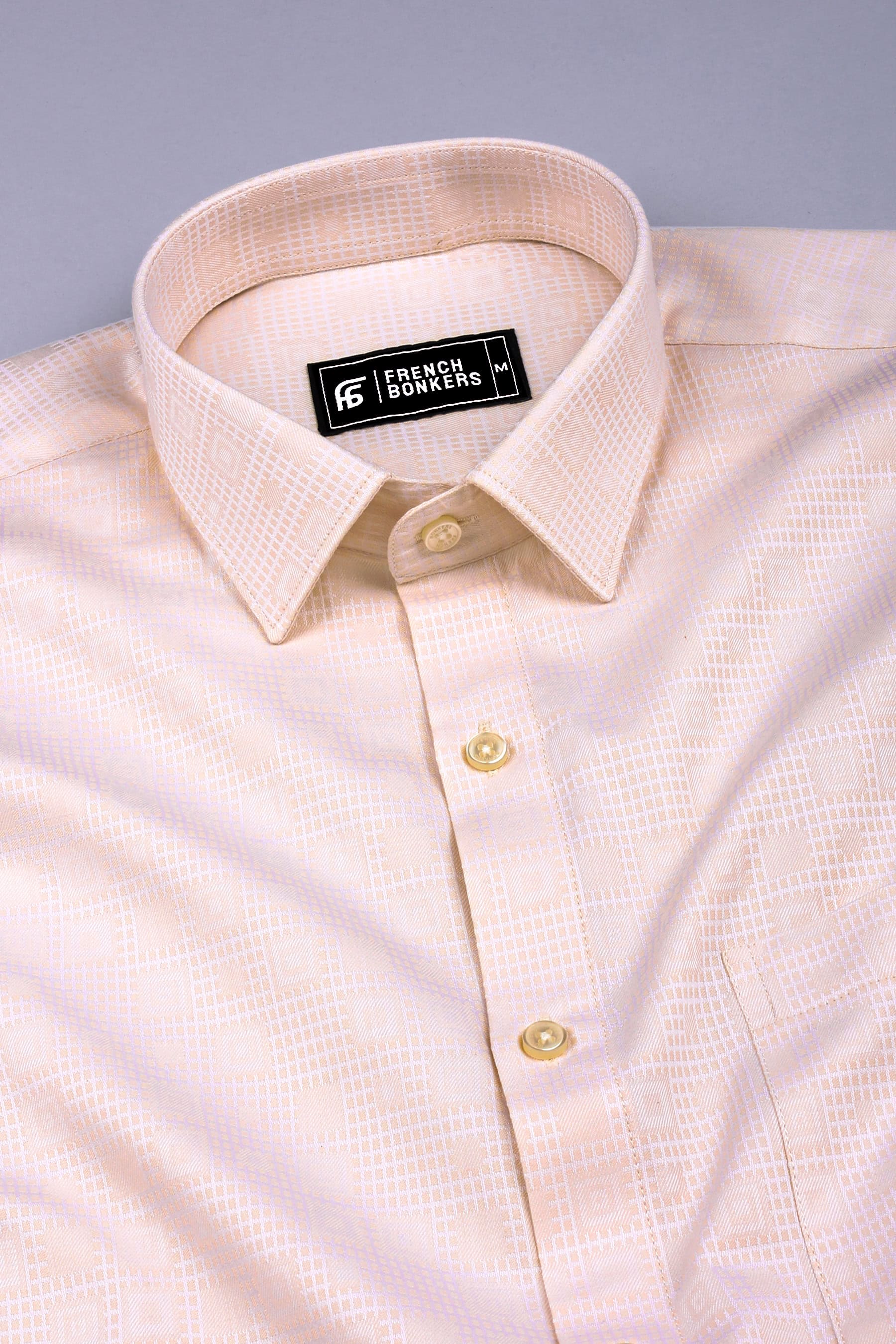 Cream check pattern jacquard printed cotton shirt