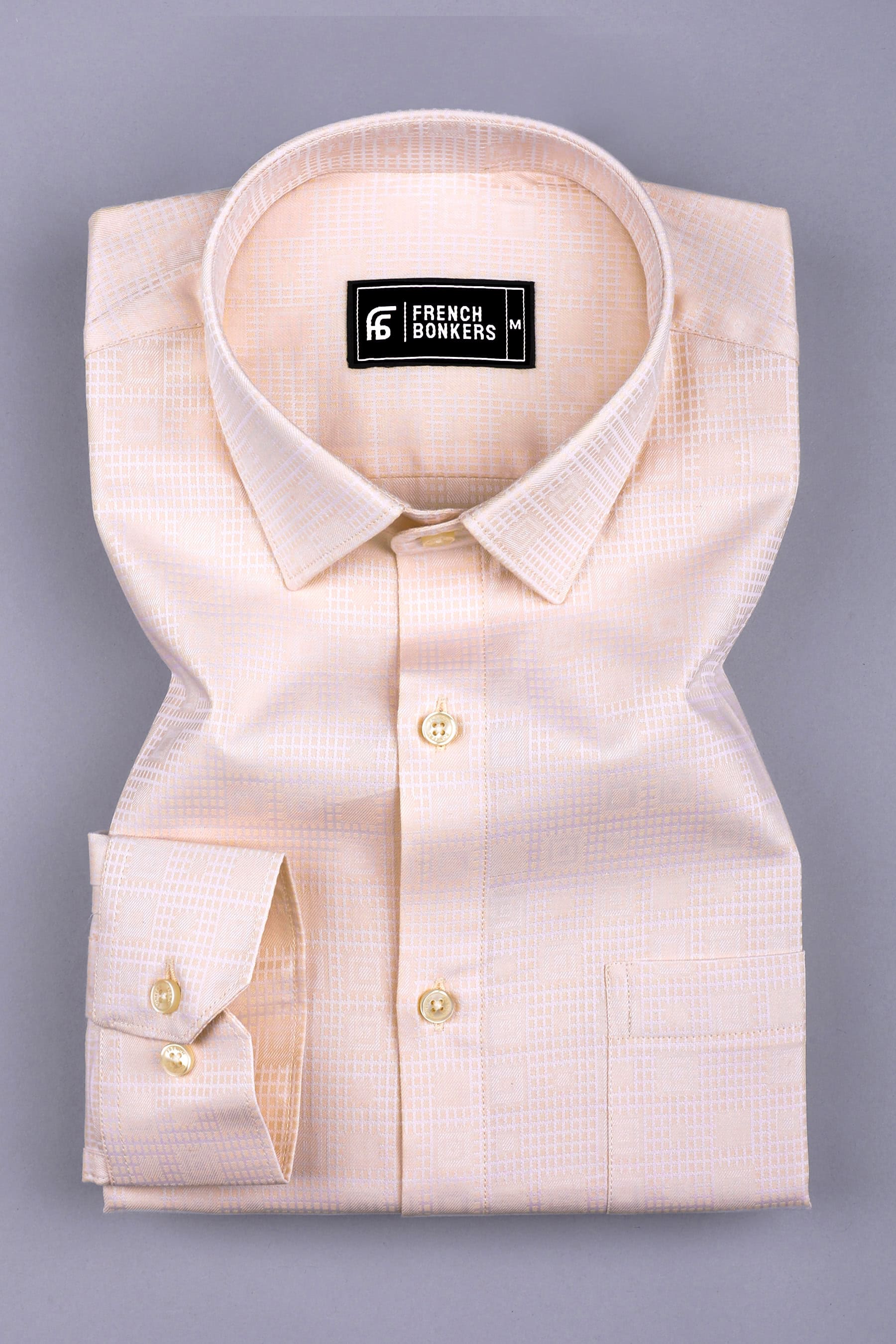 Cream check pattern jacquard printed cotton shirt