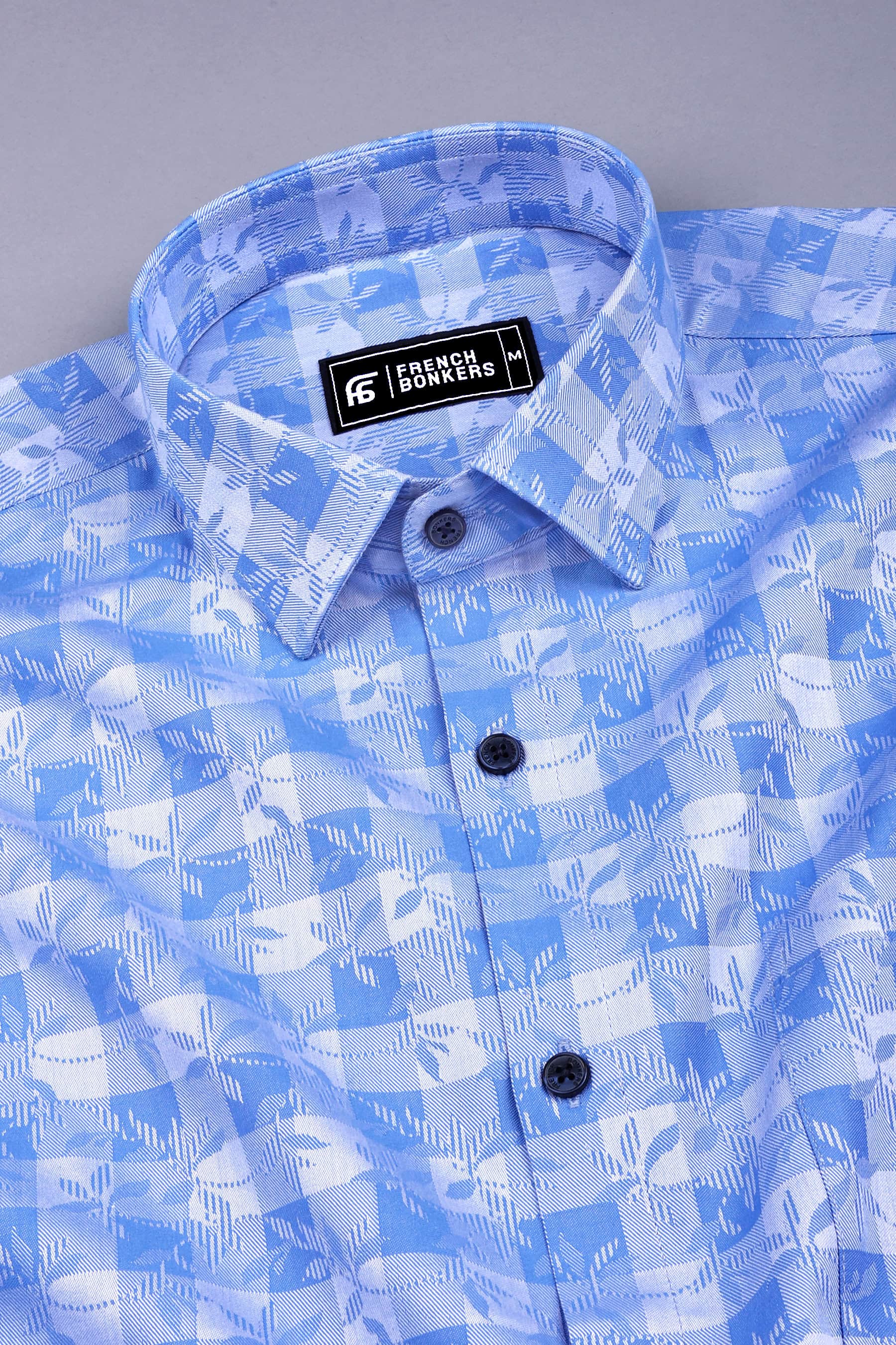 Blue floral printed jacquard cotton shirt