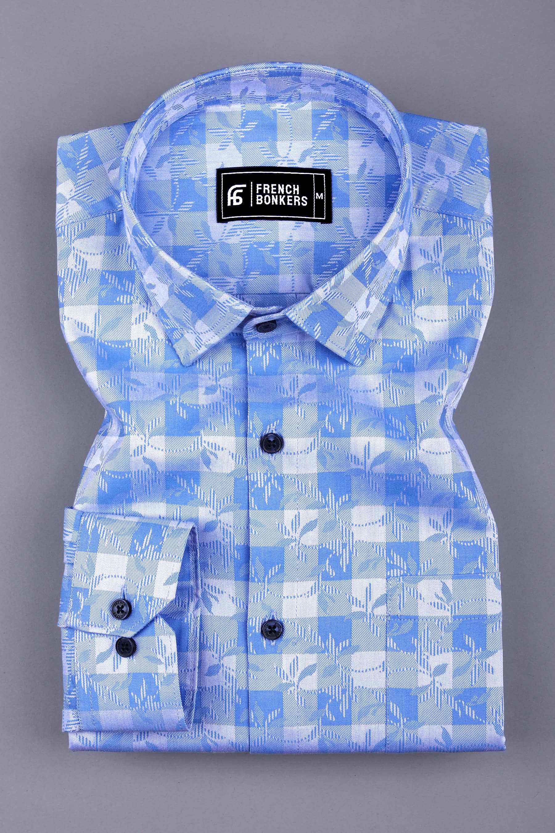 Blue floral printed jacquard cotton shirt