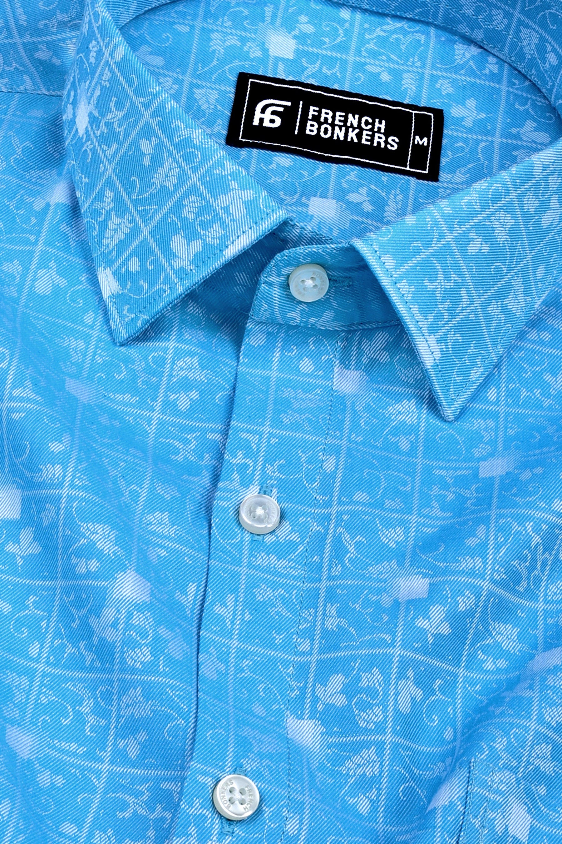 Tourquise blue floral printed jacquard cotton shirt