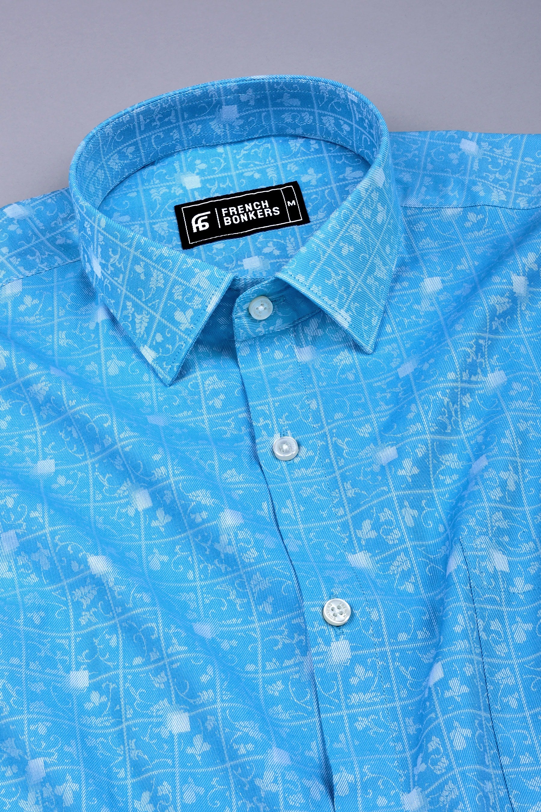 Tourquise blue floral printed jacquard cotton shirt