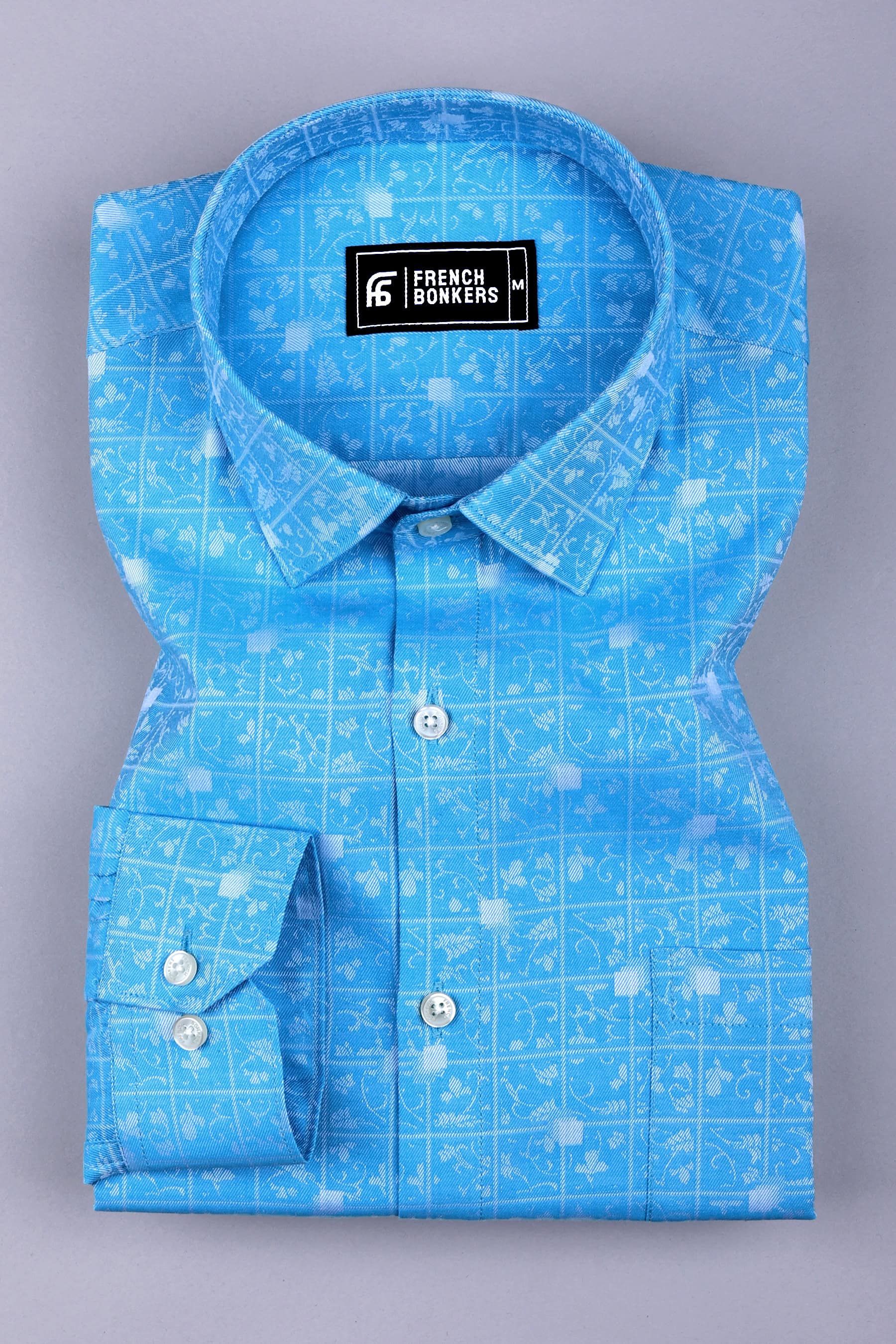 Tourquise blue floral printed jacquard cotton shirt
