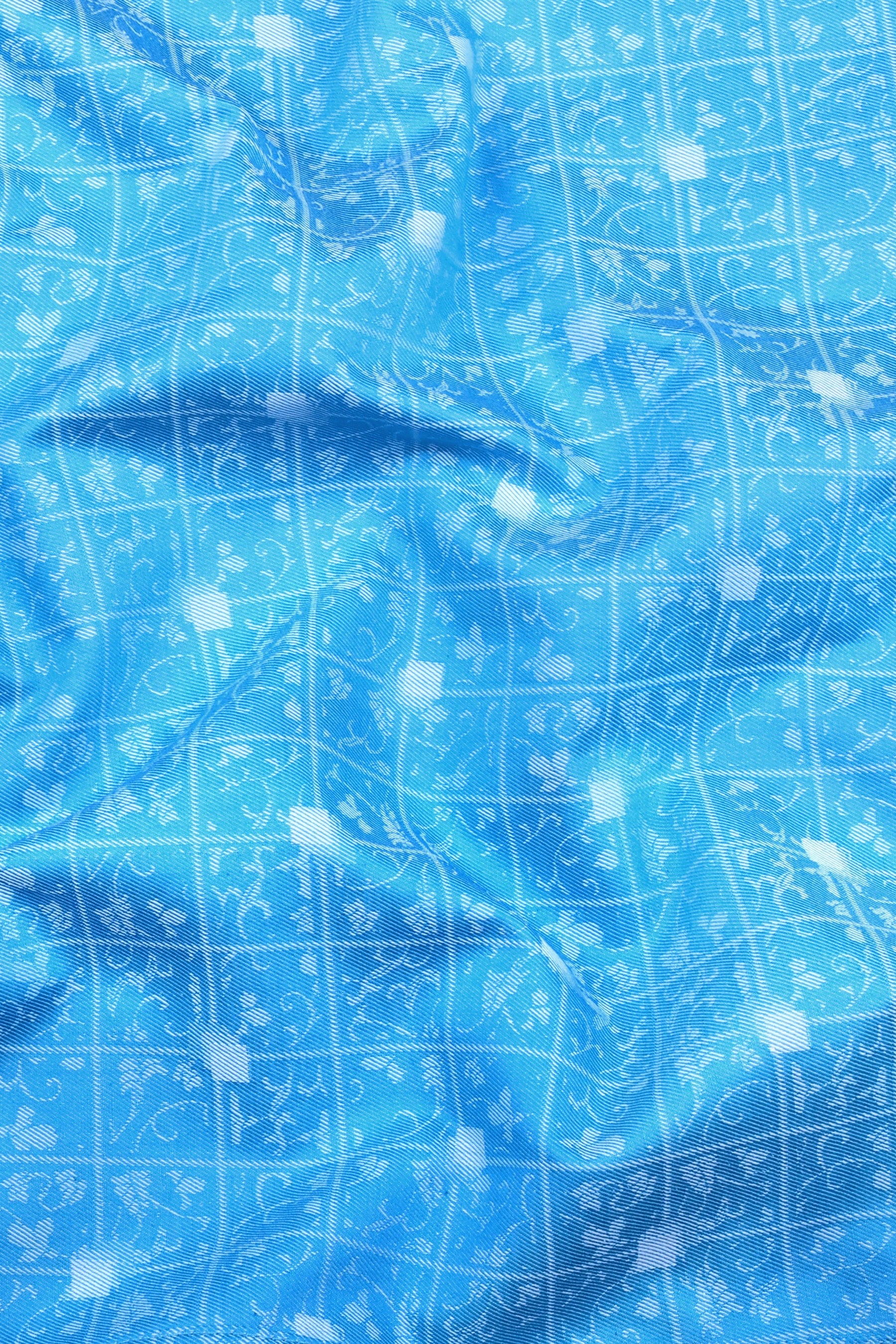 Tourquise blue floral printed jacquard cotton shirt