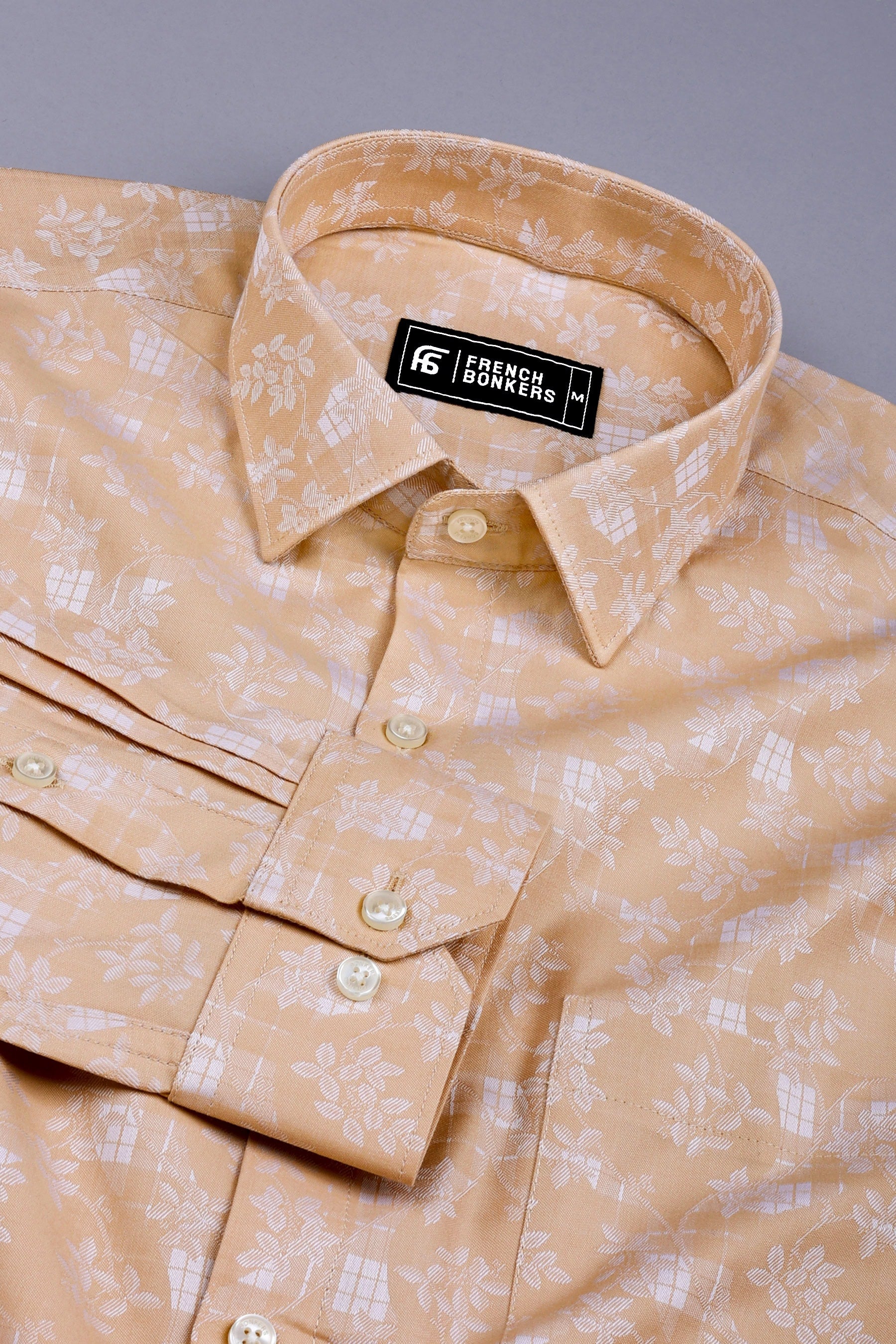 Brown floral printed jacquard cotton shirt