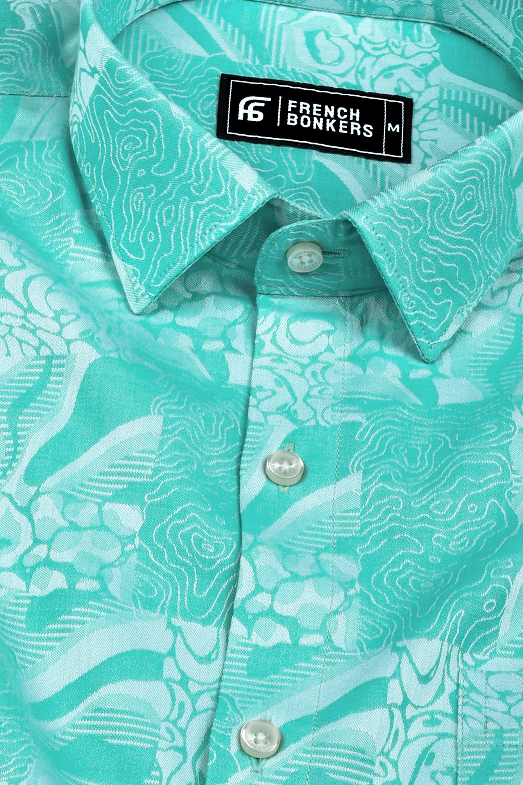 Bottle green floral printed jacquard cotton shirt