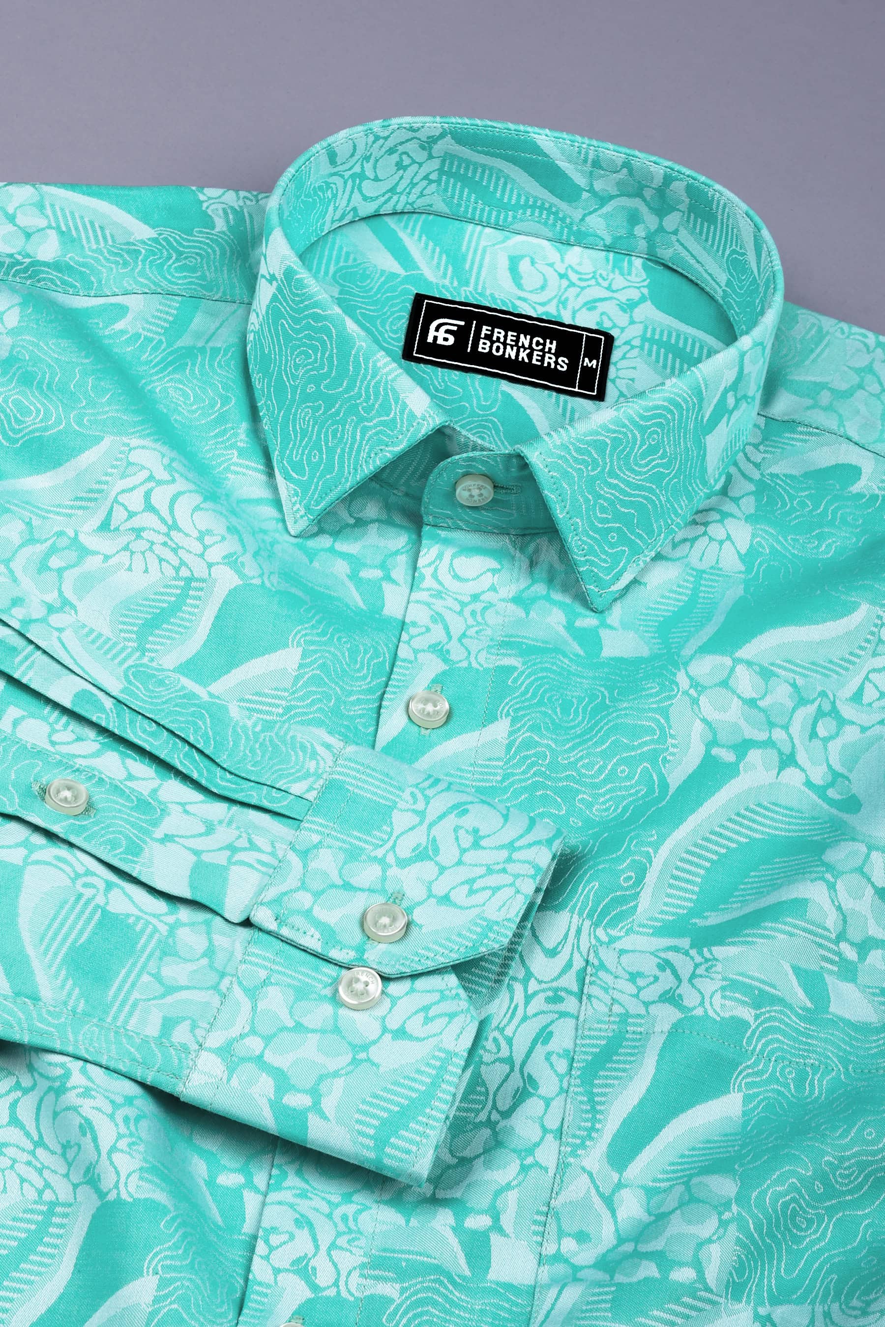 Bottle green floral printed jacquard cotton shirt