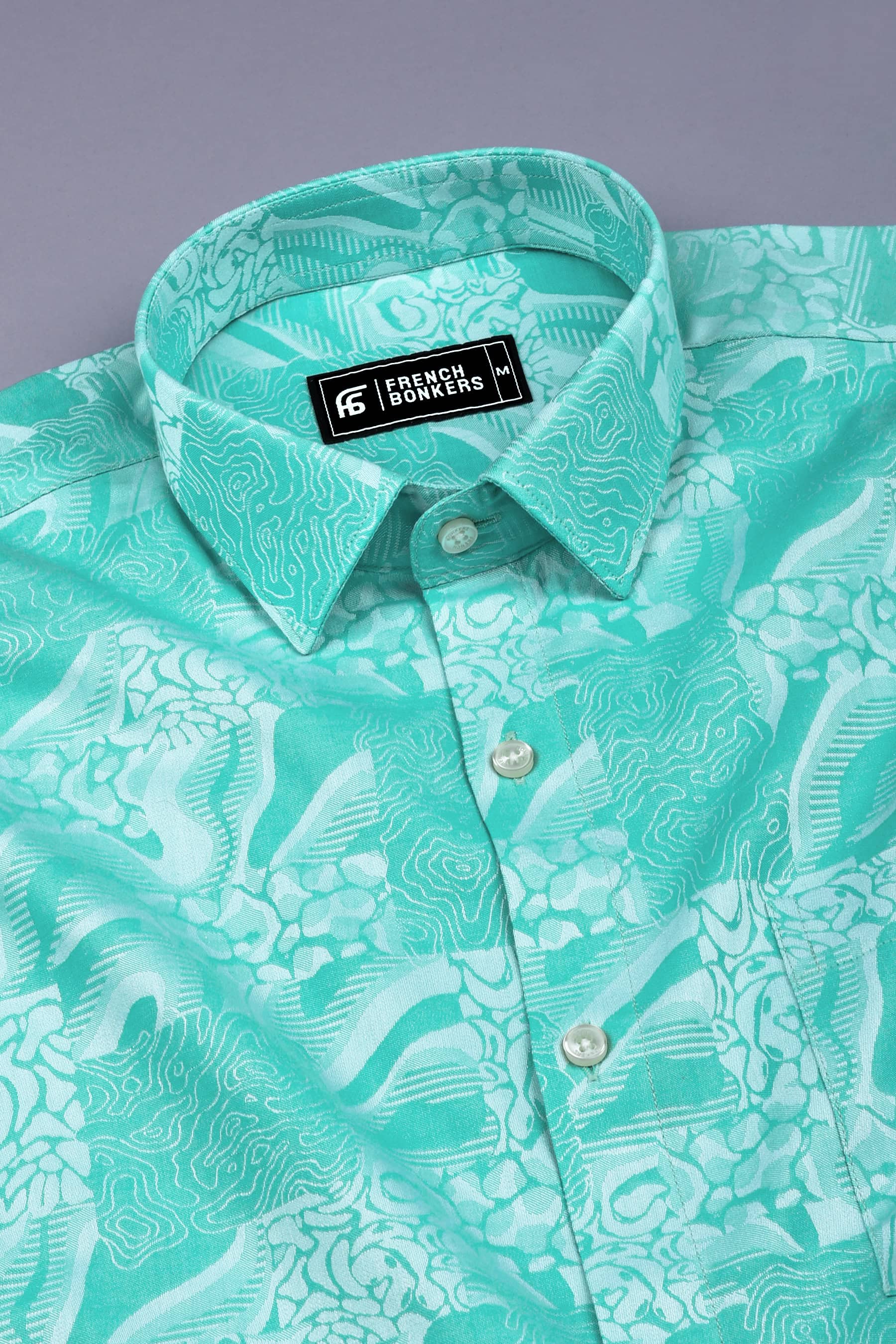 Bottle green floral printed jacquard cotton shirt
