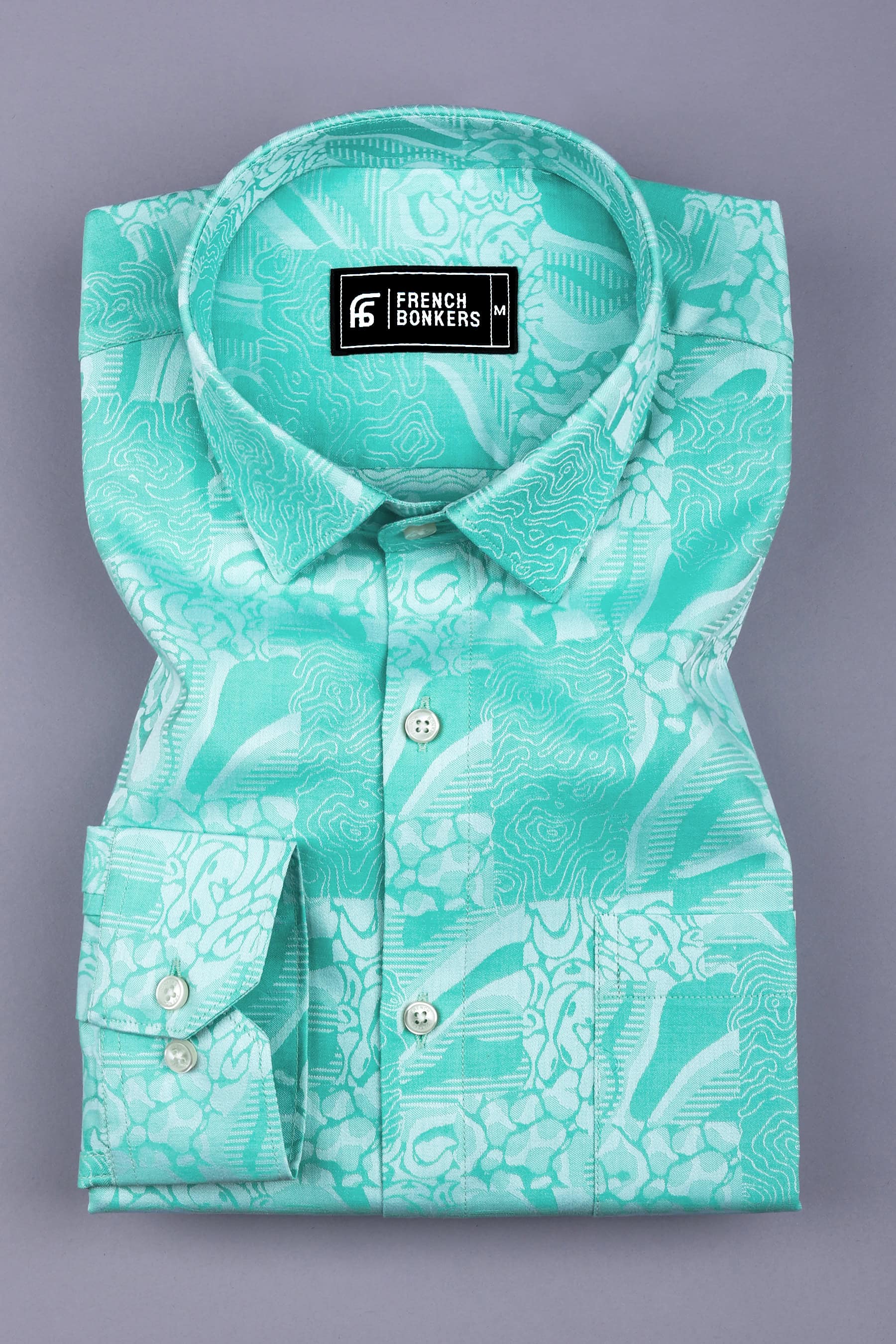 Bottle green floral printed jacquard cotton shirt
