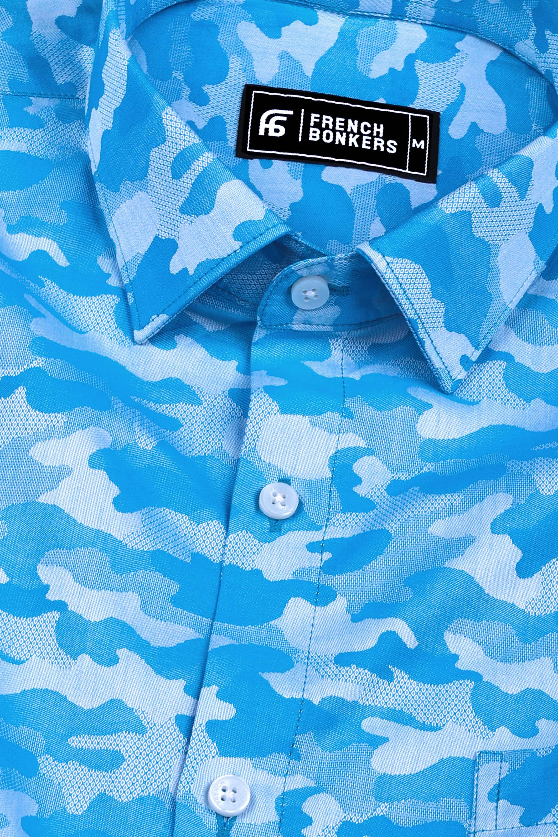 Royal blue floral printed jacquard cotton shirt