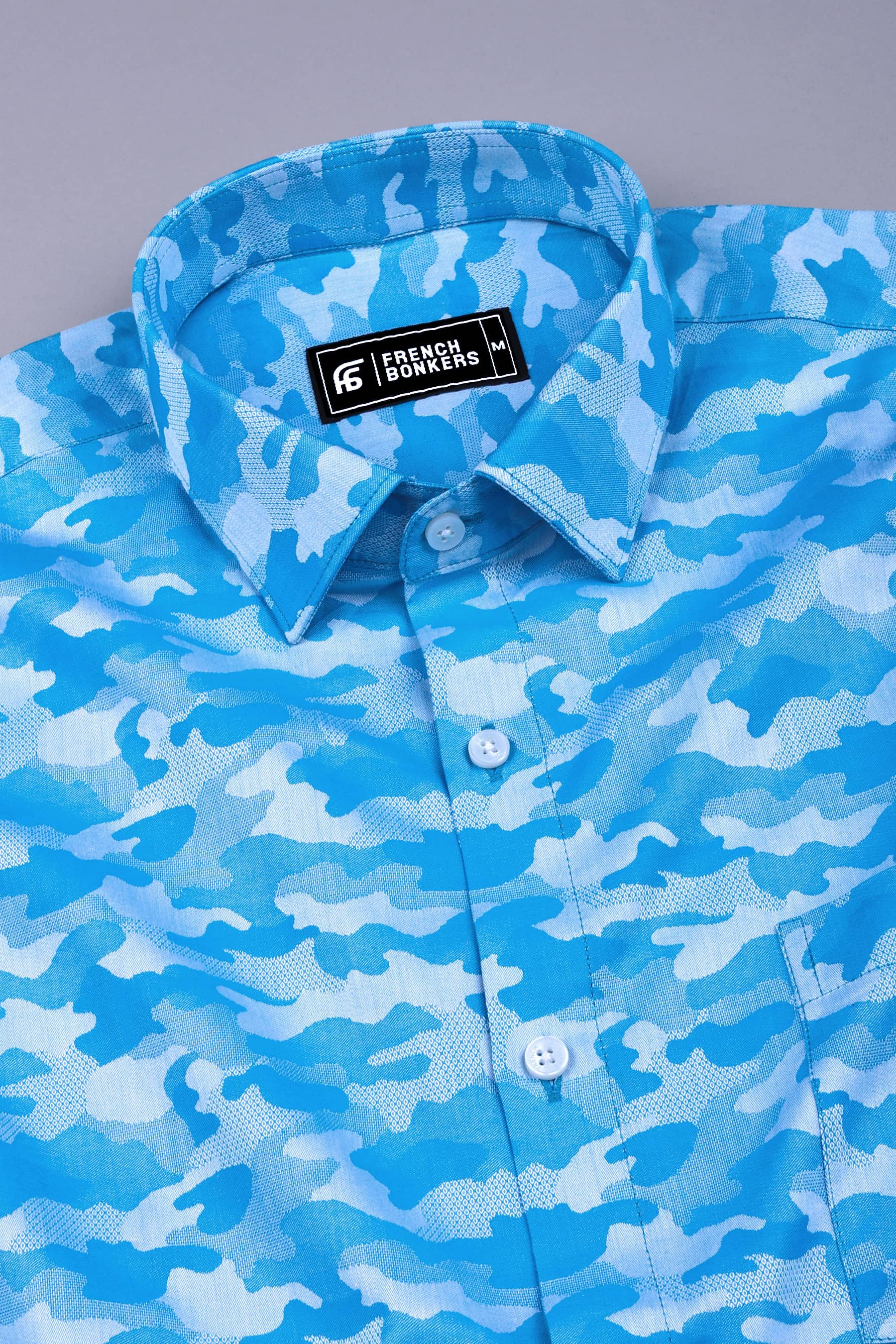 Royal blue floral printed jacquard cotton shirt