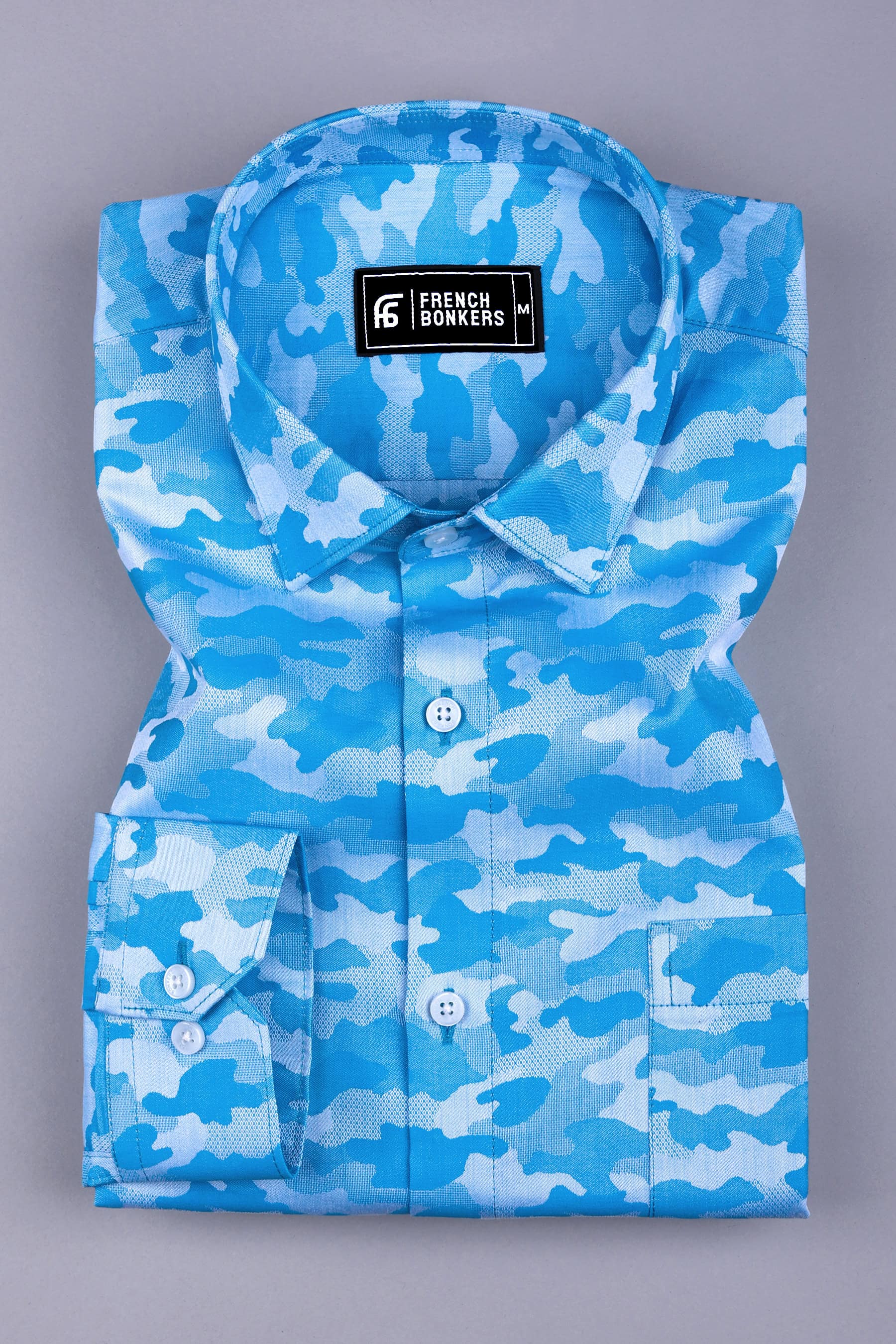 Royal blue floral printed jacquard cotton shirt