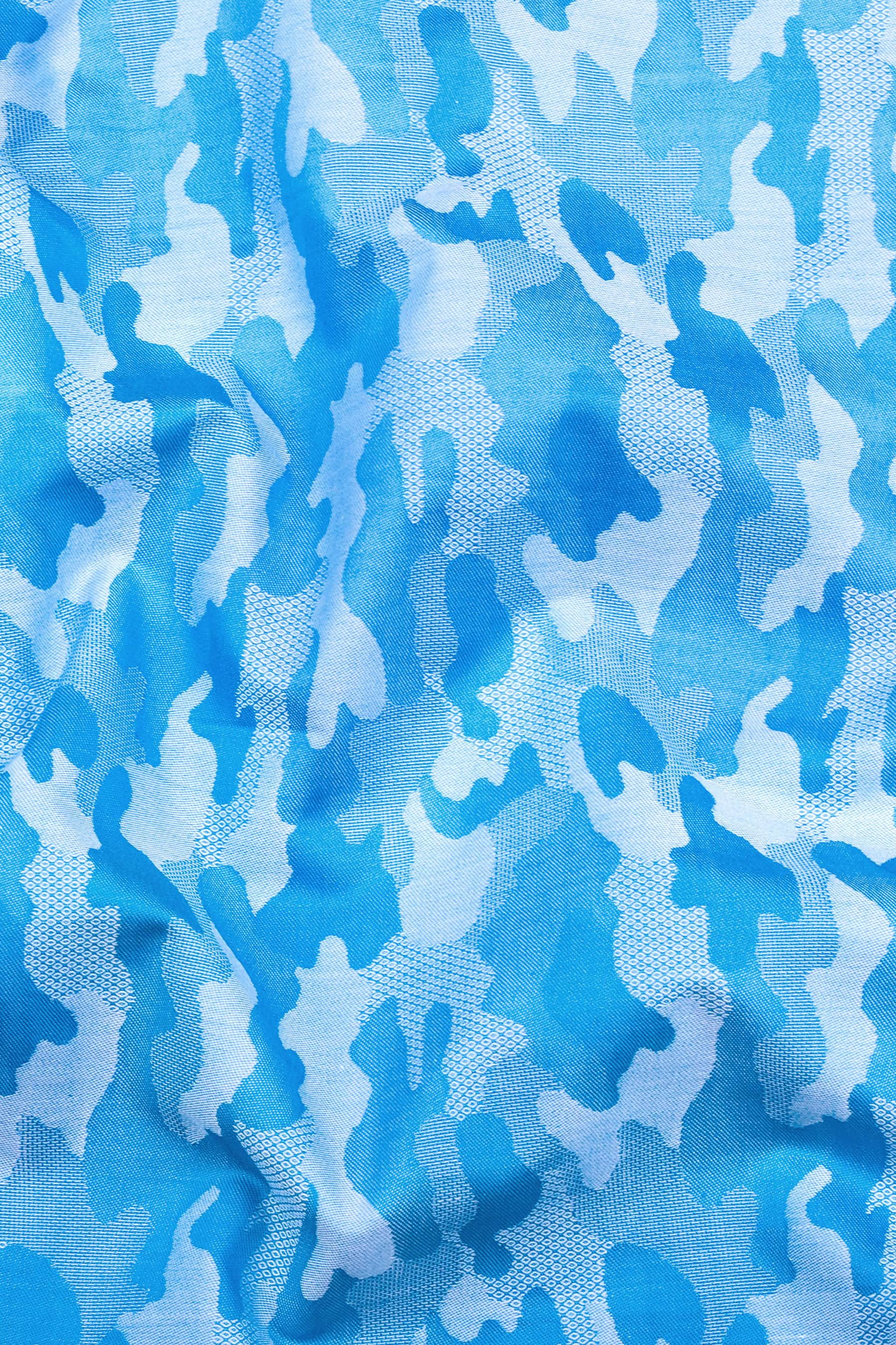 Royal blue floral printed jacquard cotton shirt