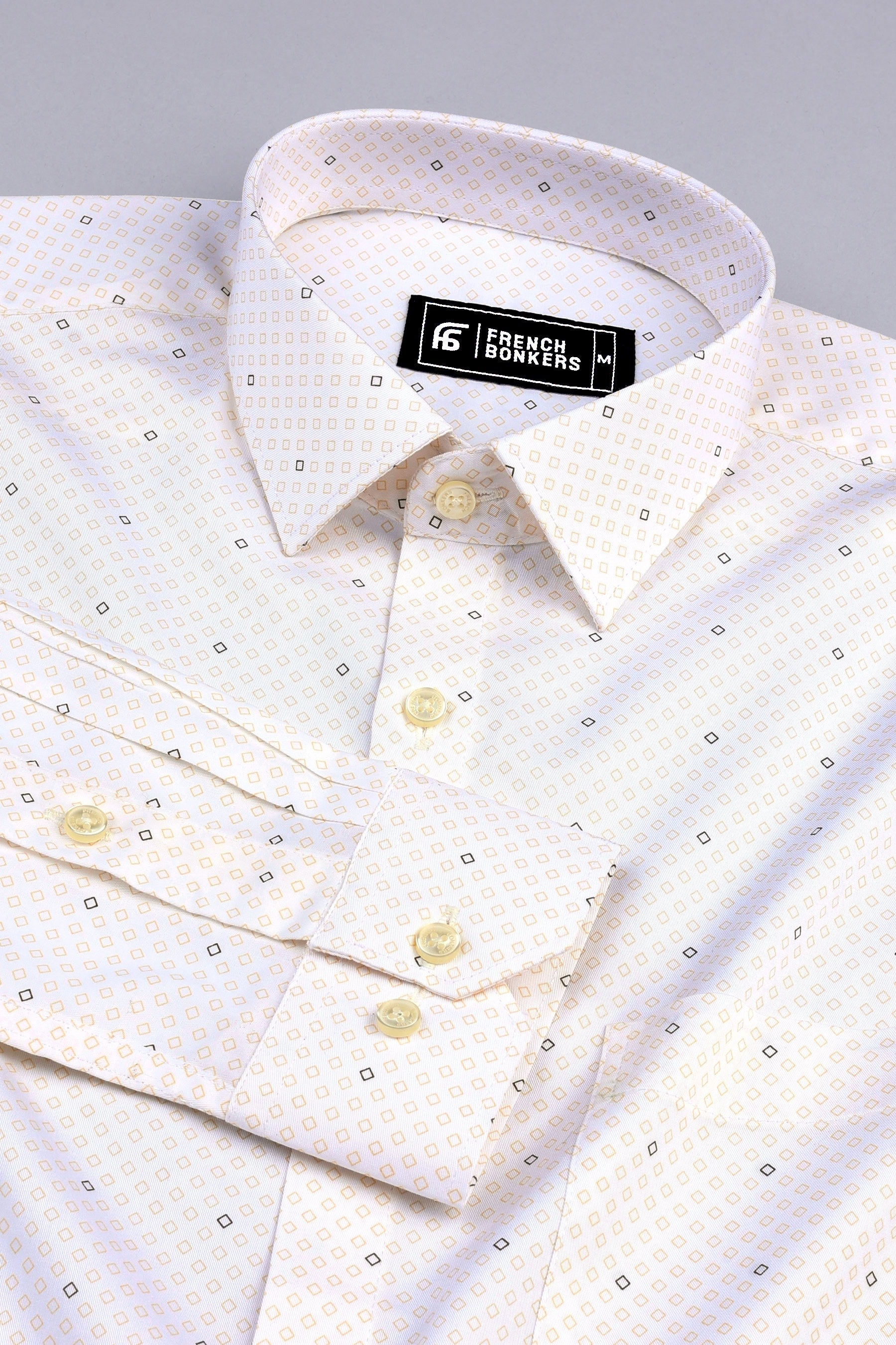 White with yellow rhombus printed cotton shirt