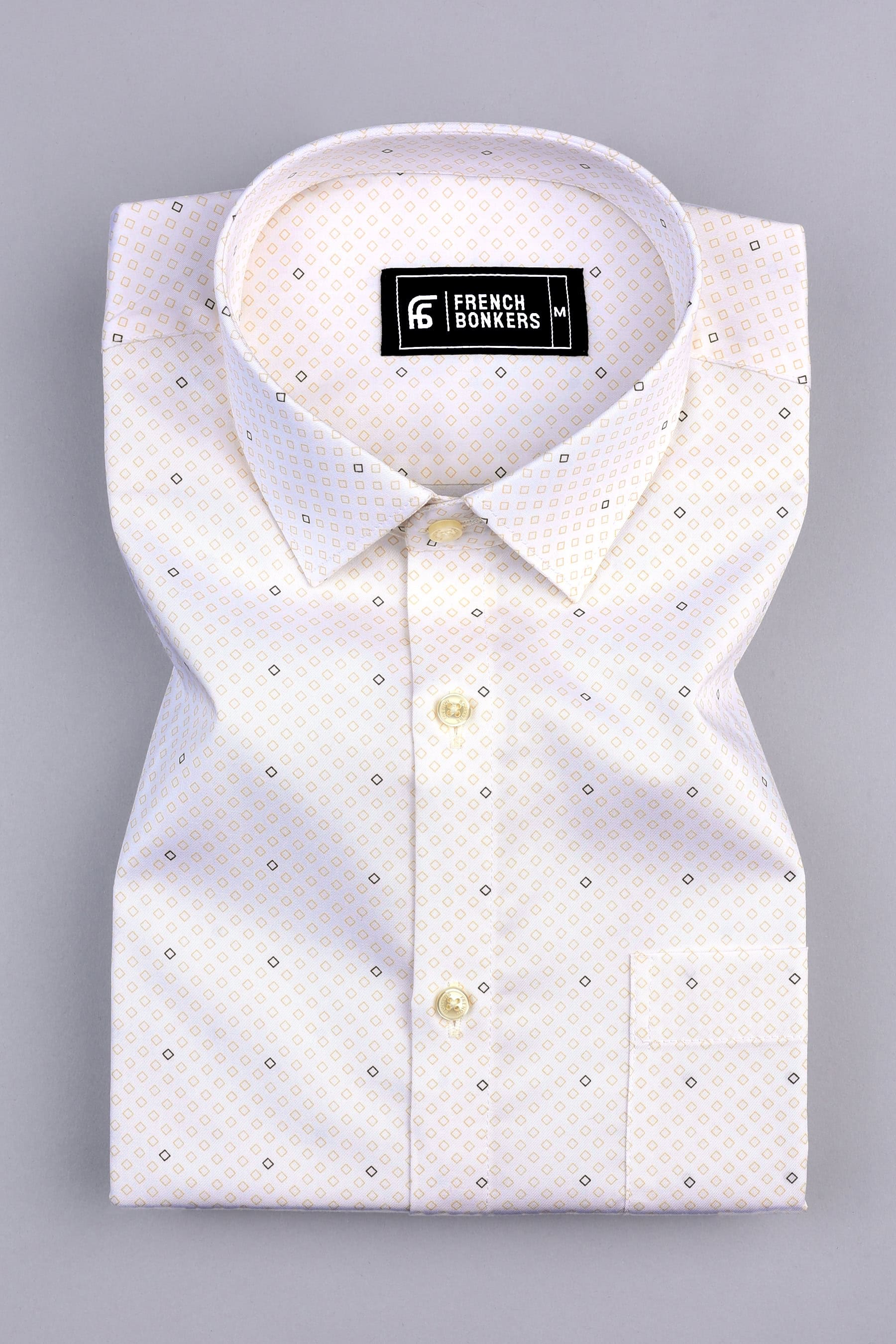 White with yellow rhombus printed cotton shirt