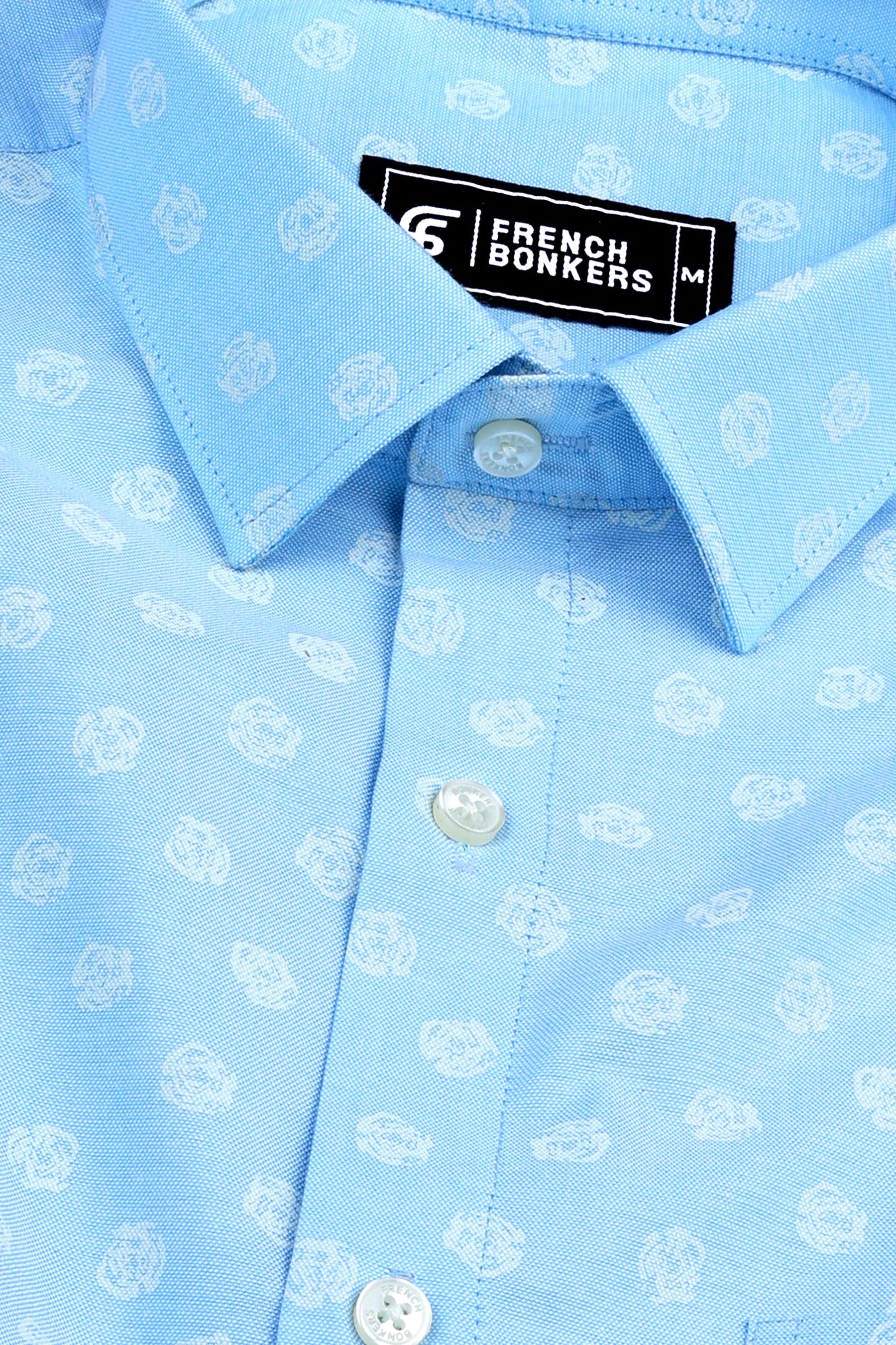 Sky blue oxford floral printed cotton shirt