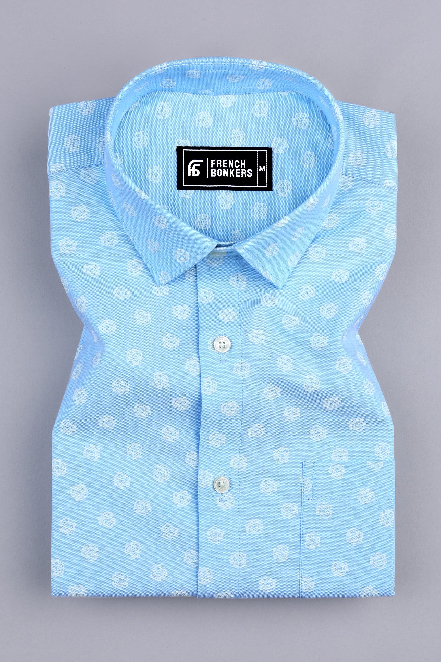 Sky blue oxford floral printed cotton shirt