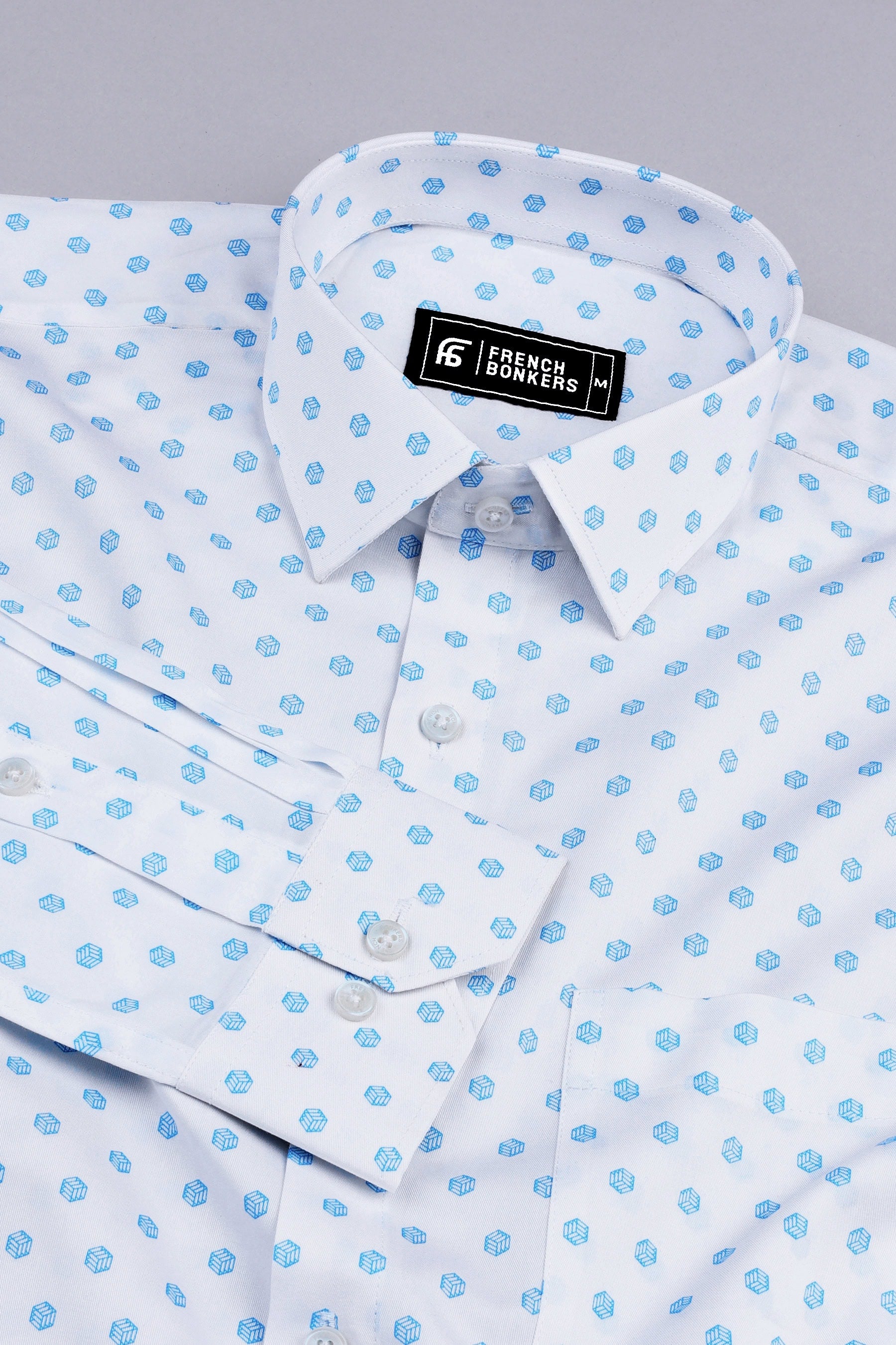 White with blue cubes printed cotton shirt