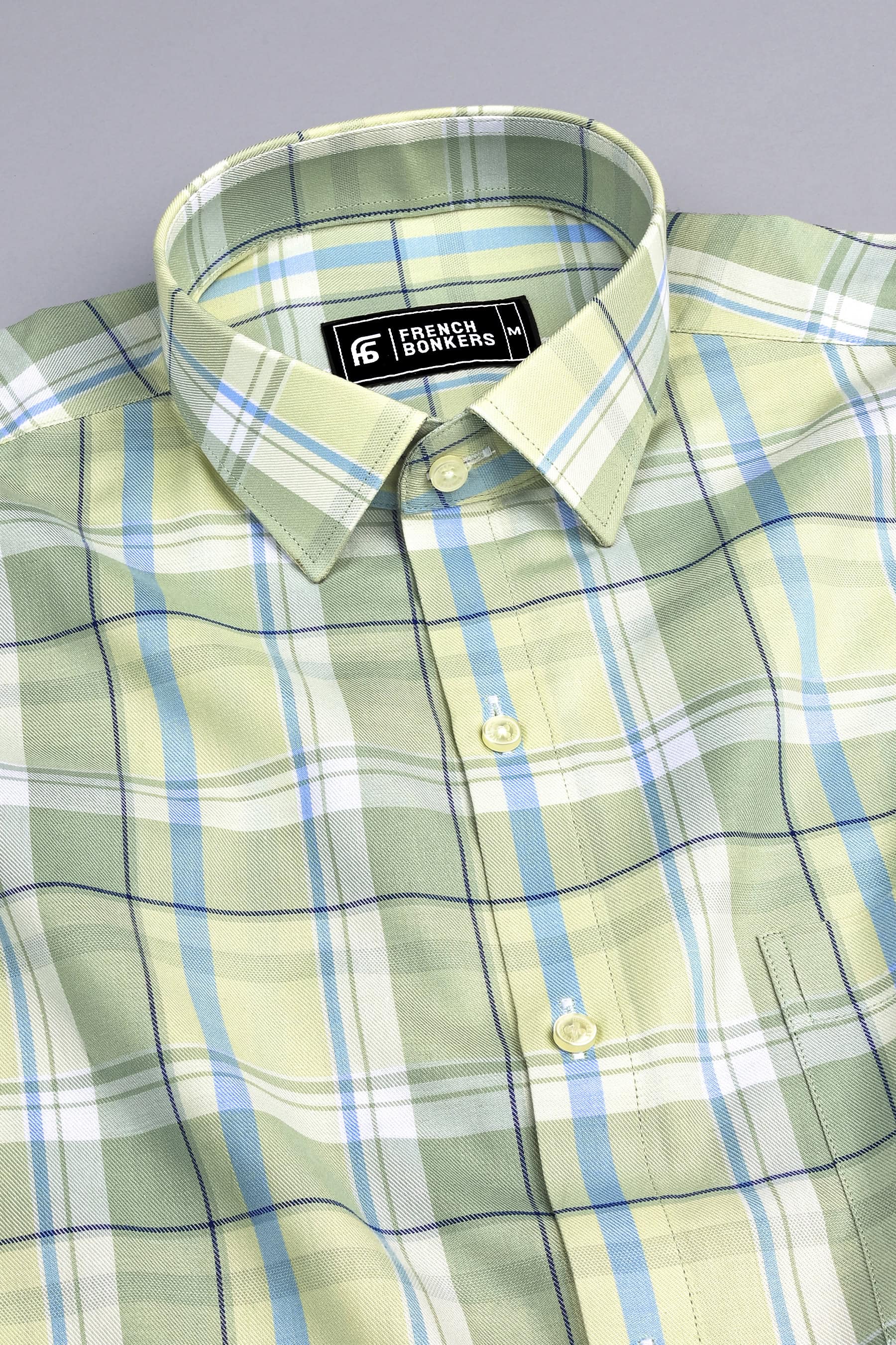 Light yellow with blue windowpane check shirt