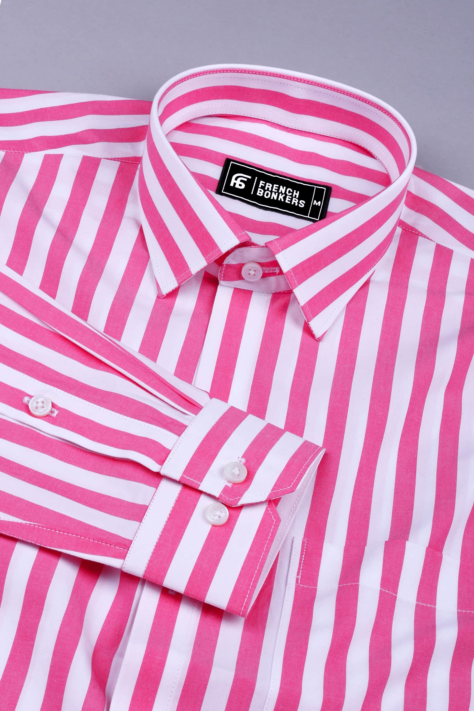 White with pink awning stripe cotton shirt
