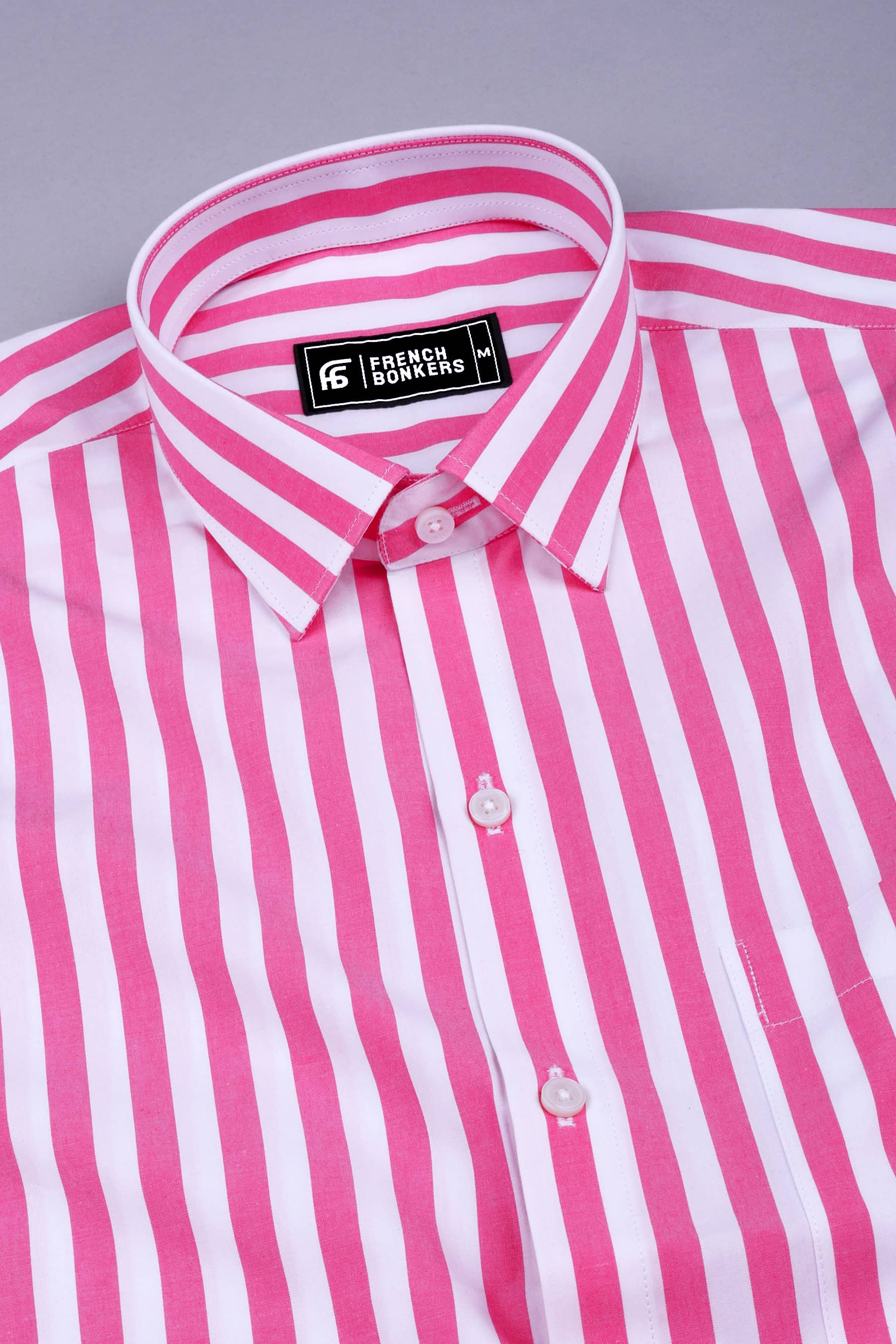White with pink awning stripe cotton shirt