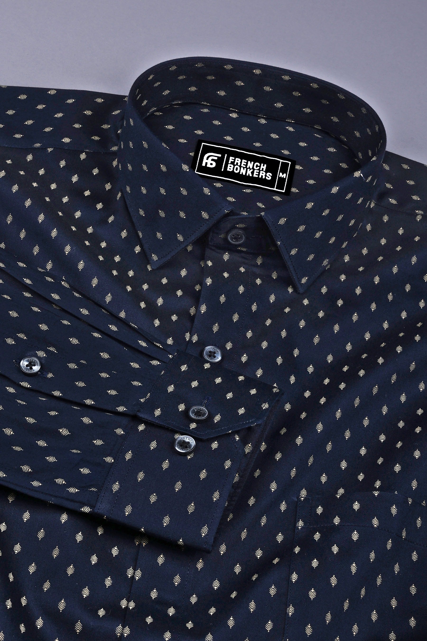 Blue with golden date leaf printed cotton shirt