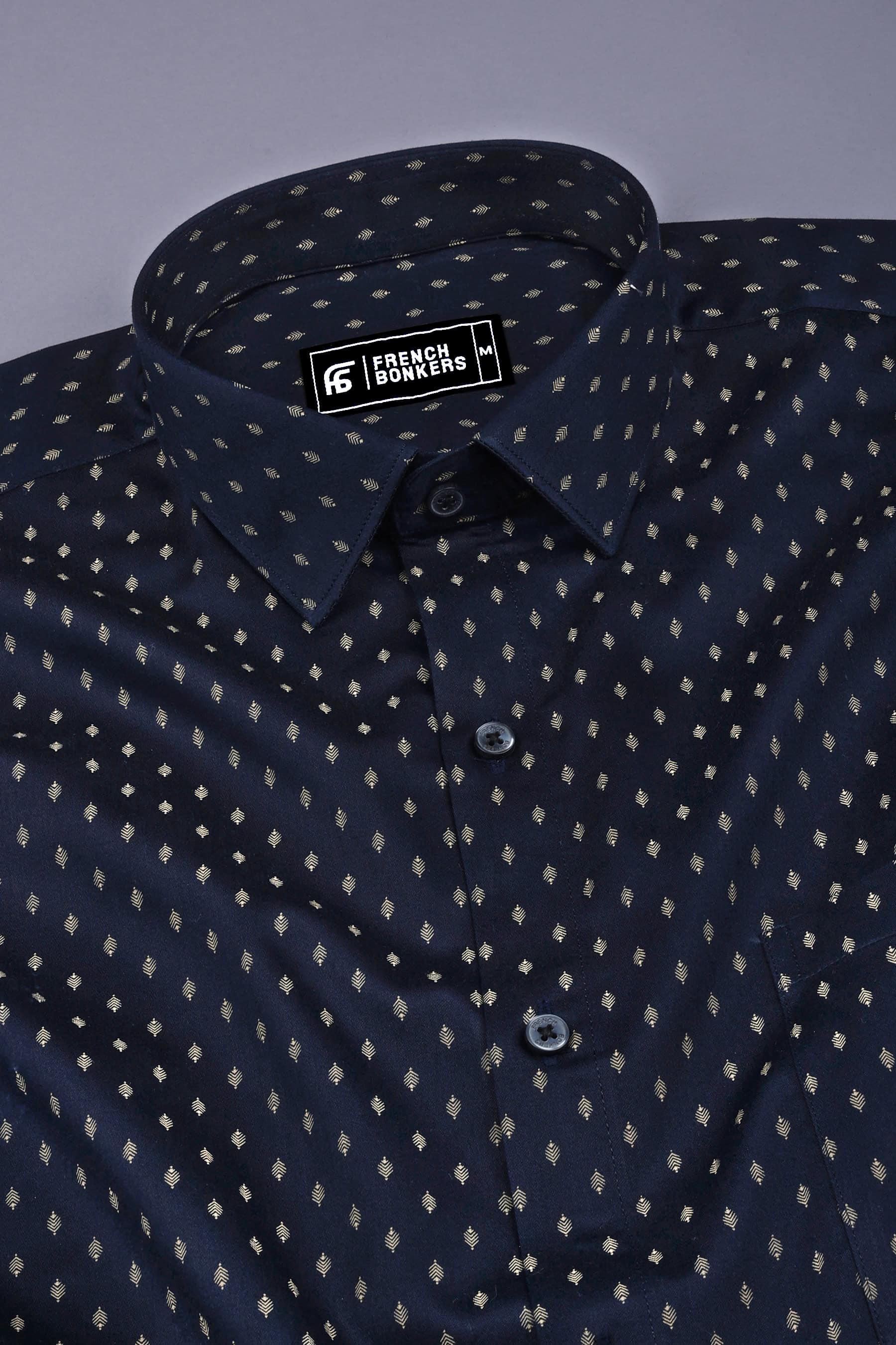 Blue with golden date leaf printed cotton shirt