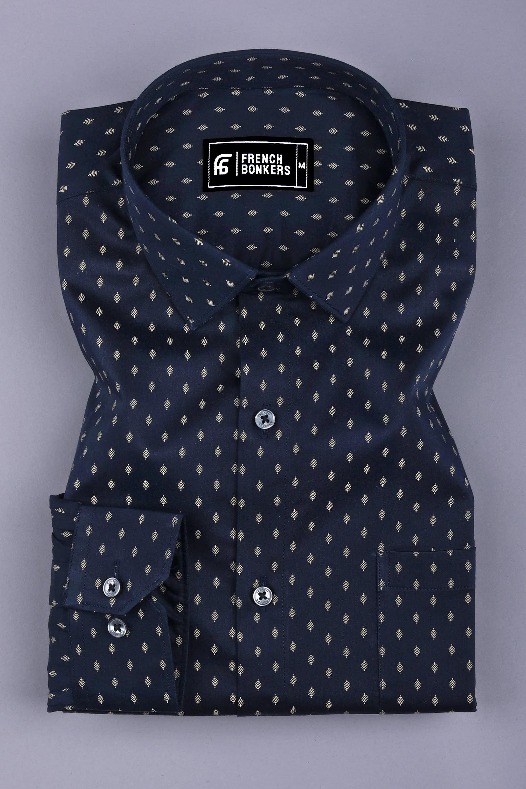 Blue with golden date leaf printed cotton shirt